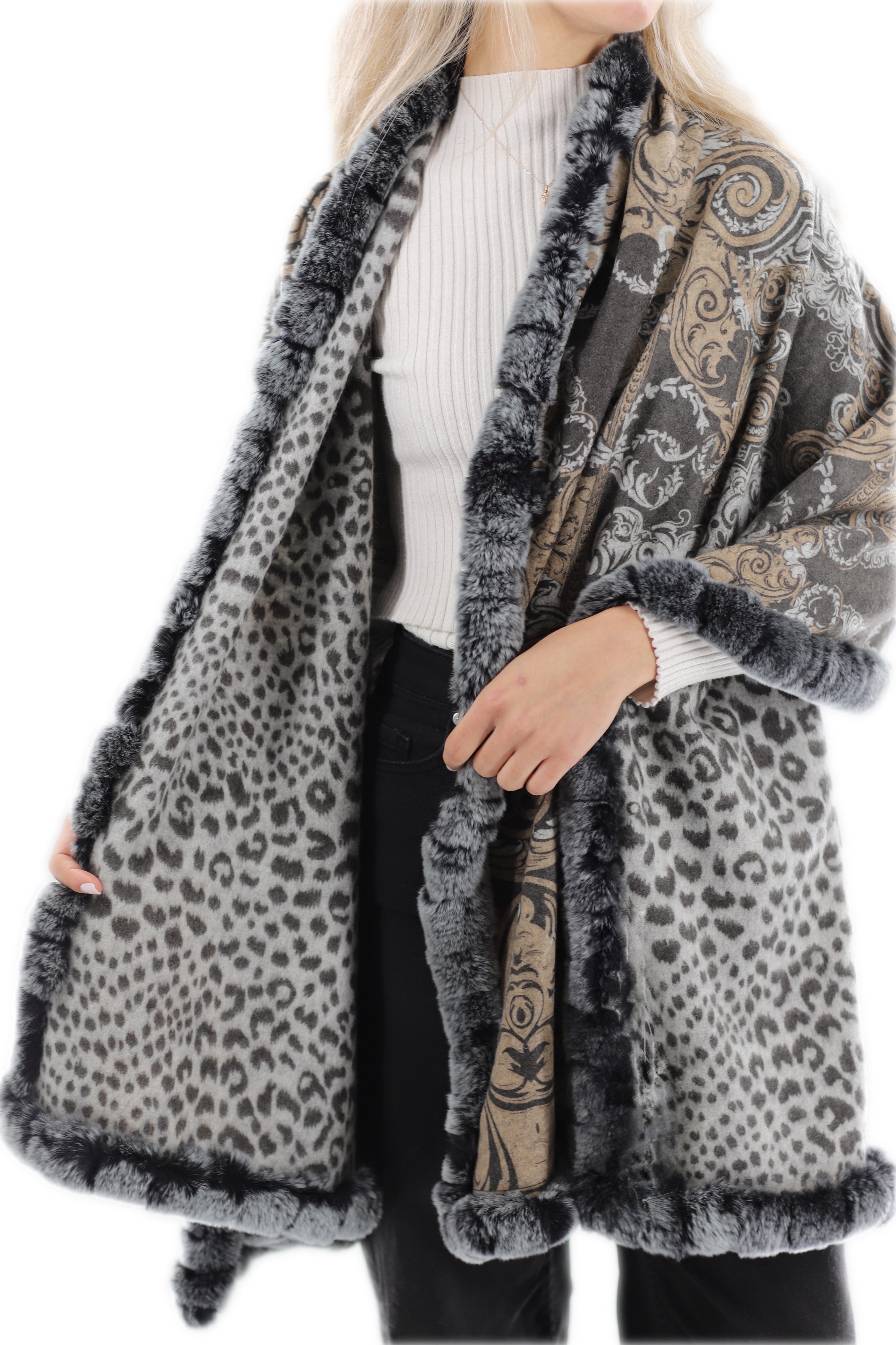 Reverisible Cashmere Wrap with Rex Rabbit Trim - Brown/Grey – La
