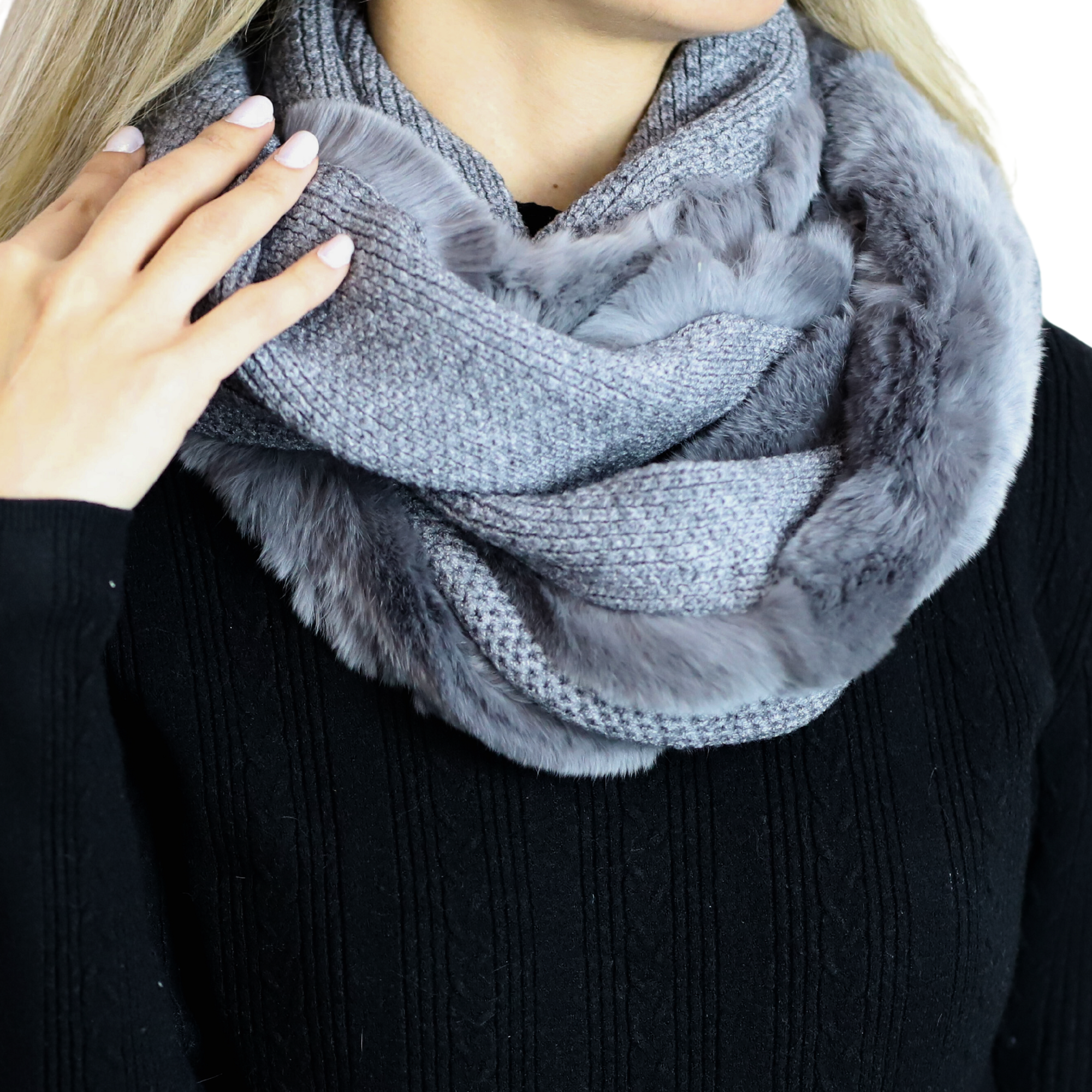 Luxurious Honeycomb Rex Rabbit Fur Scarf - Grey - One Size – La