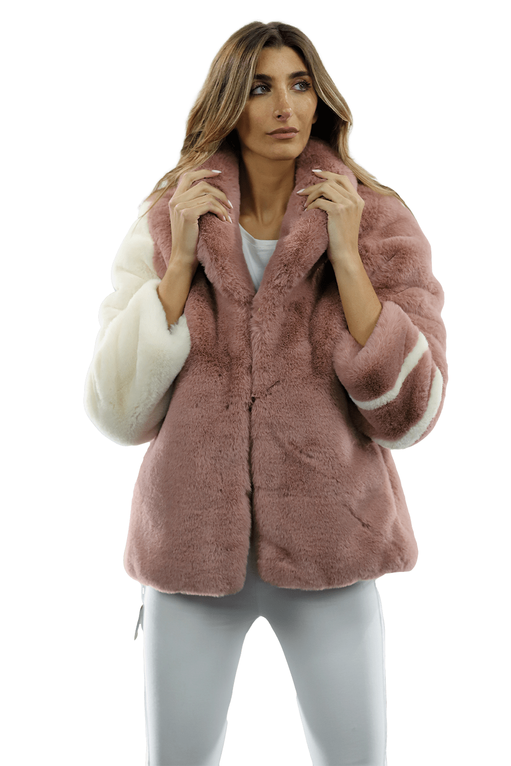 Plush Faux Fur Color Block Coat - Pink/White – La Fiorentina Plush Faux Fur Color Block Coat - Pink/White – La Fiorentina