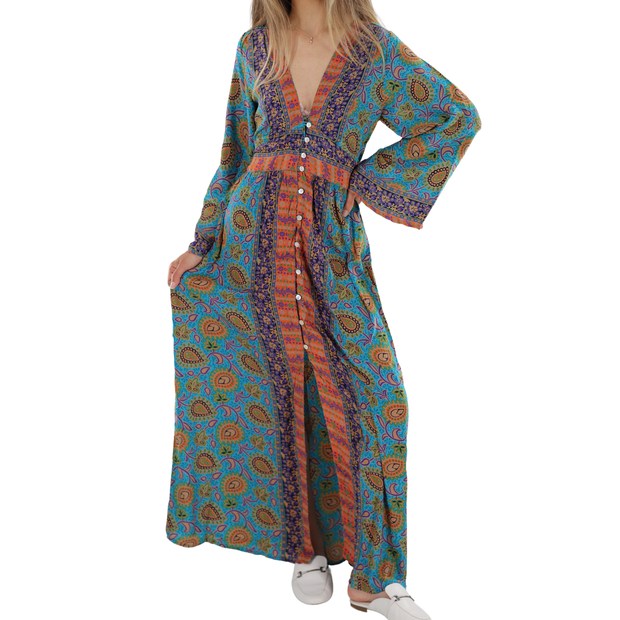 Long Flowy 'Arielle' Floral Maxi Dress Medium / Yellow/Green/Blue - Dresses - Women's Clothing & Accessories - La Fiorentina Long Flowy 'Arielle' Floral Maxi Dress Medium / Yellow/Green/Blue - Dresses - Women's Clothing & Accessories - La Fiorentina