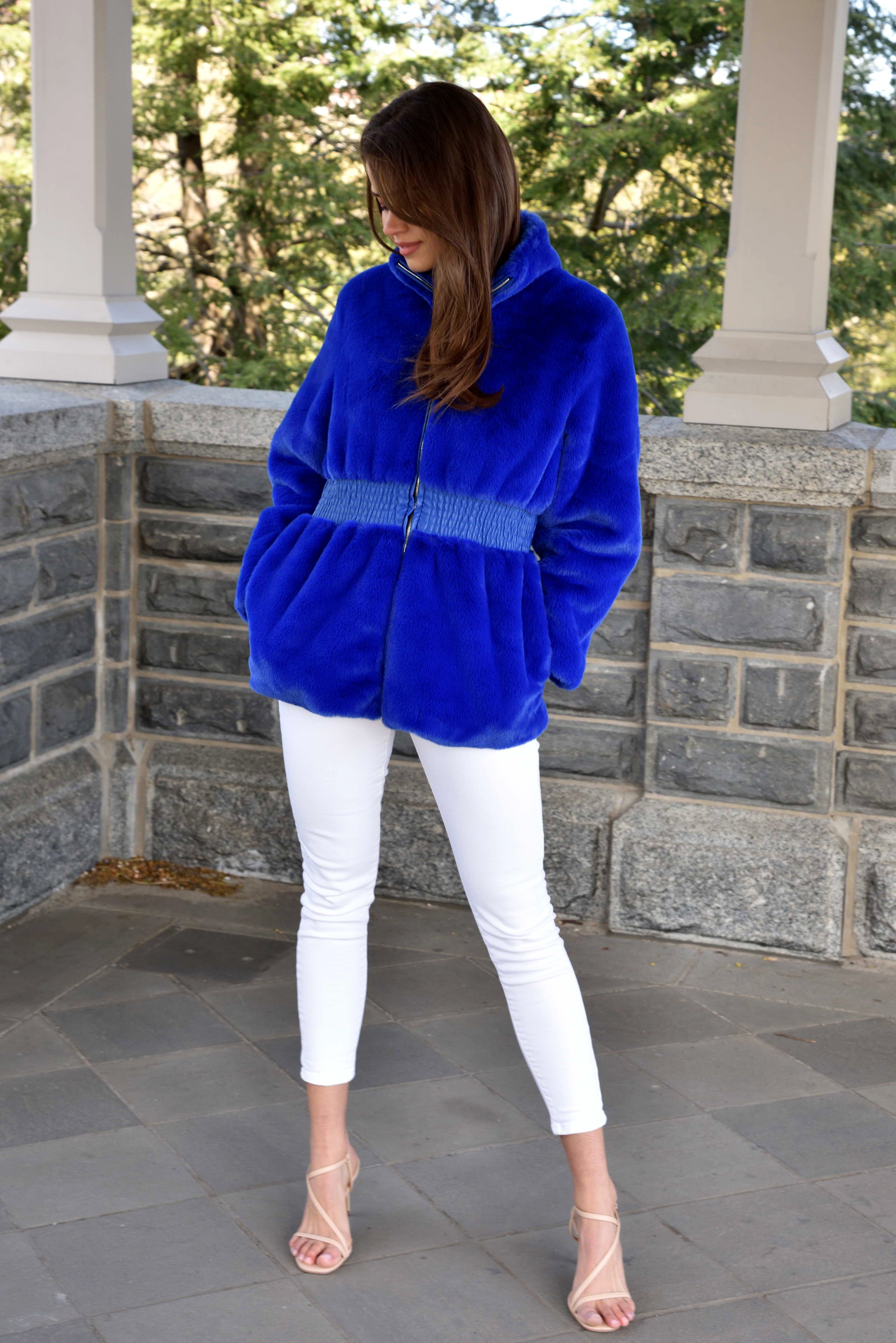 Plush Faux Fur Cinched Waist Jacket - Electric Blue – La Fiorentina