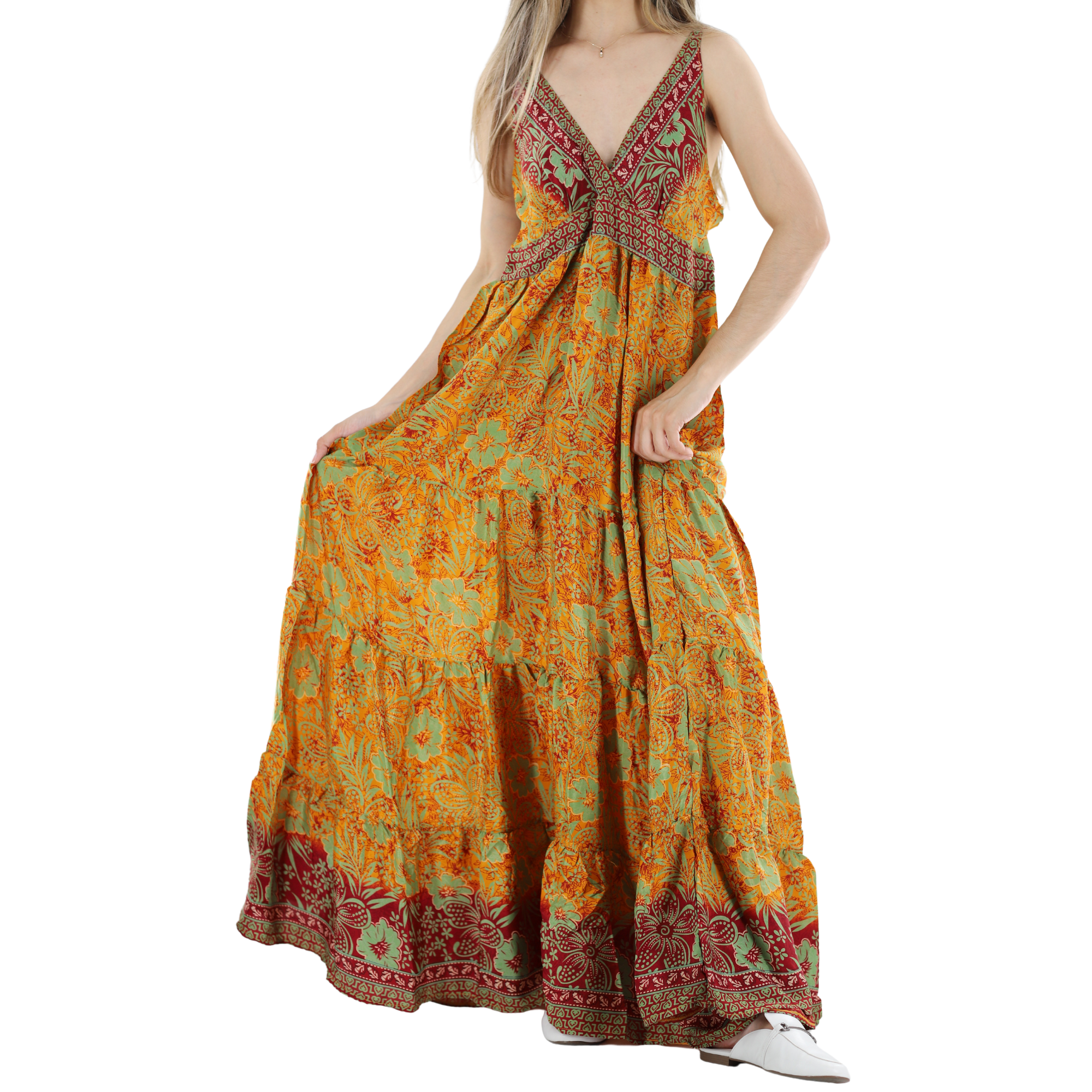 Floral 'Carina' Maxi Dress with V-Neckline X-Small / Red/Orange - Dresses - Women's Clothing & Accessories - La Fiorentina Floral 'Carina' Maxi Dress with V-Neckline X-Small / Red/Orange - Dresses - Women's Clothing & Accessories - La Fiorentina