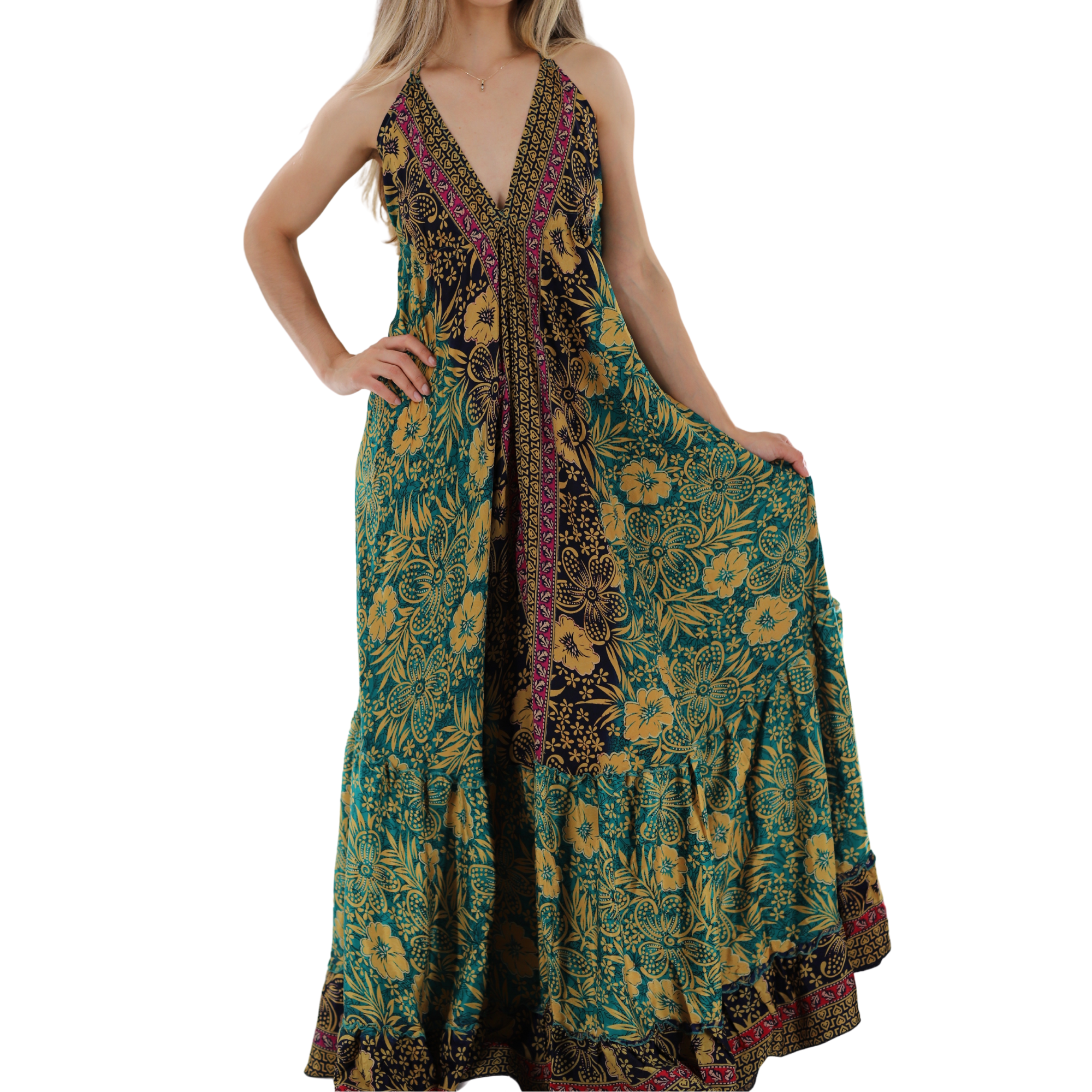 caterina maxi dress Floral 'Caterina' Maxi Dress with V-Neckline Large / Yellow/Blue - Dresses - Women's Clothing & Accessories