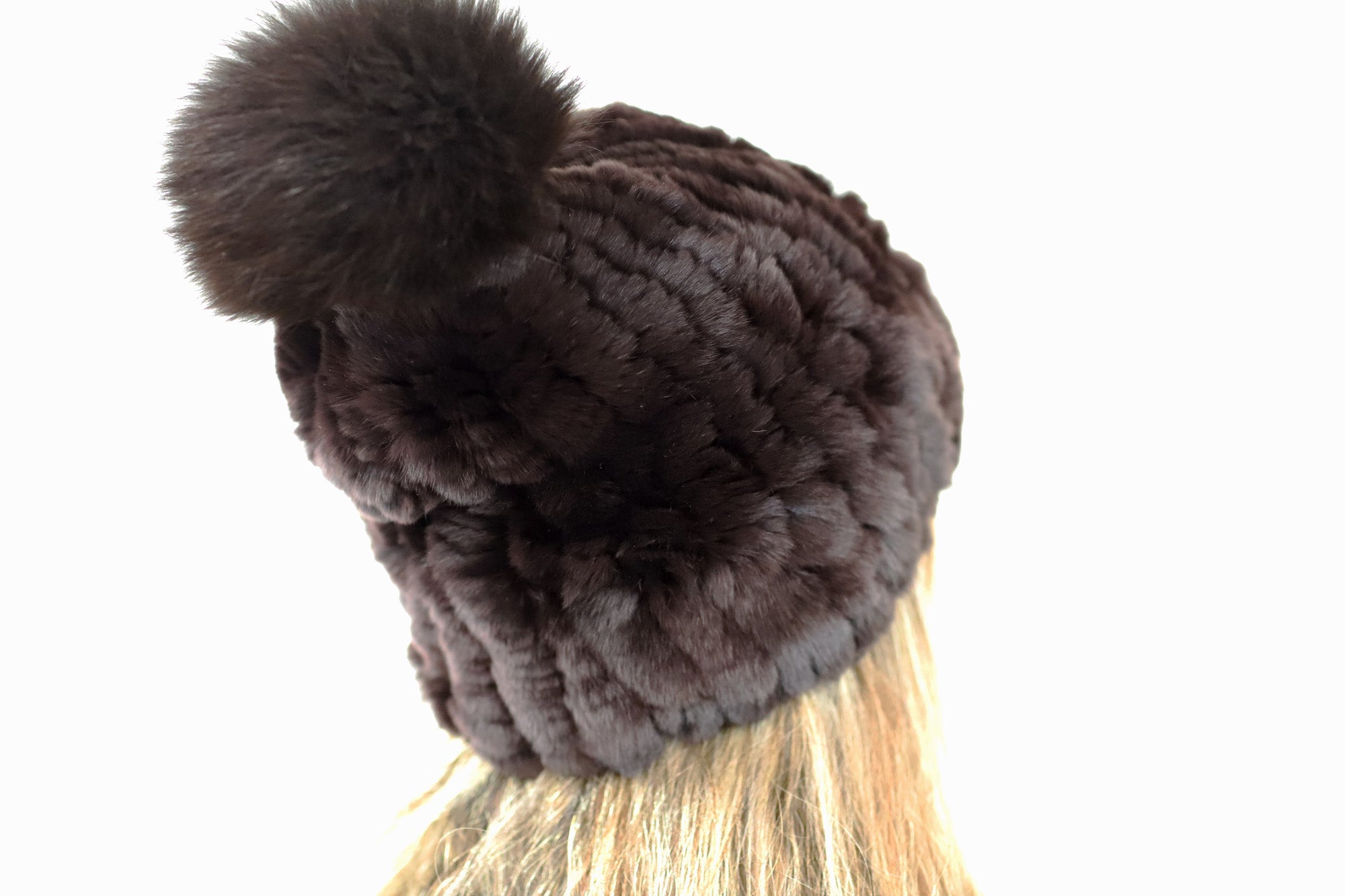 Rabbit Fur Hat with Fox Pom Pom Sloan Knit Rex Rabbit Fur Hat with Fox Fur in Grey: FurHatWorld main image 2