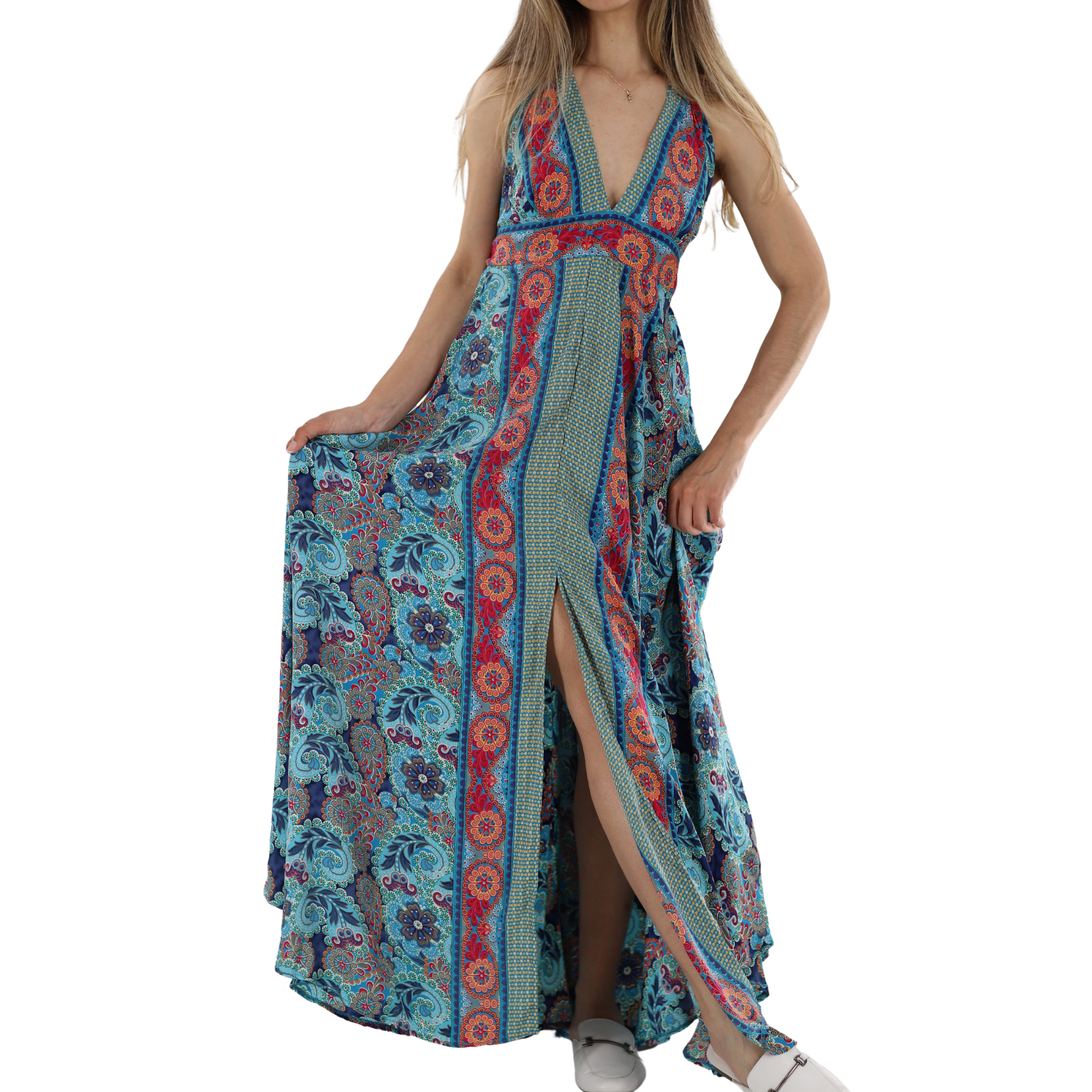 Tie Back Paneled 'Isabella' Halter Neck Maxi Dress Large / Blue/Hot Pink - Dresses - Women's Clothing & Accessories