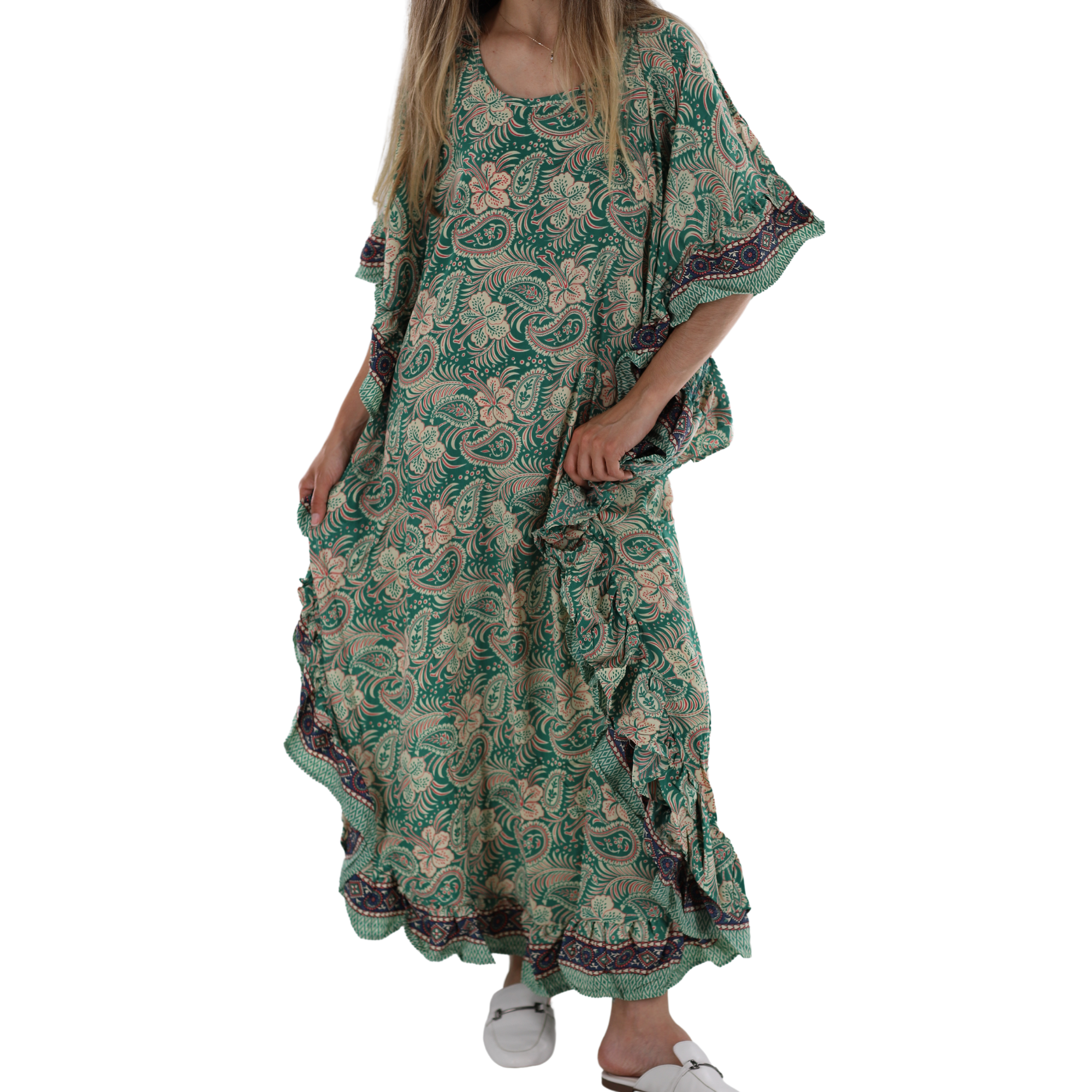 Flowy 'Sara' Maxi Dress with Wave Details Large / Green/Nude - Dresses - Women's Clothing & Accessories - La Fiorentina Flowy 'Sara' Maxi Dress with Wave Details Large / Green/Nude - Dresses - Women's Clothing & Accessories - La Fiorentina