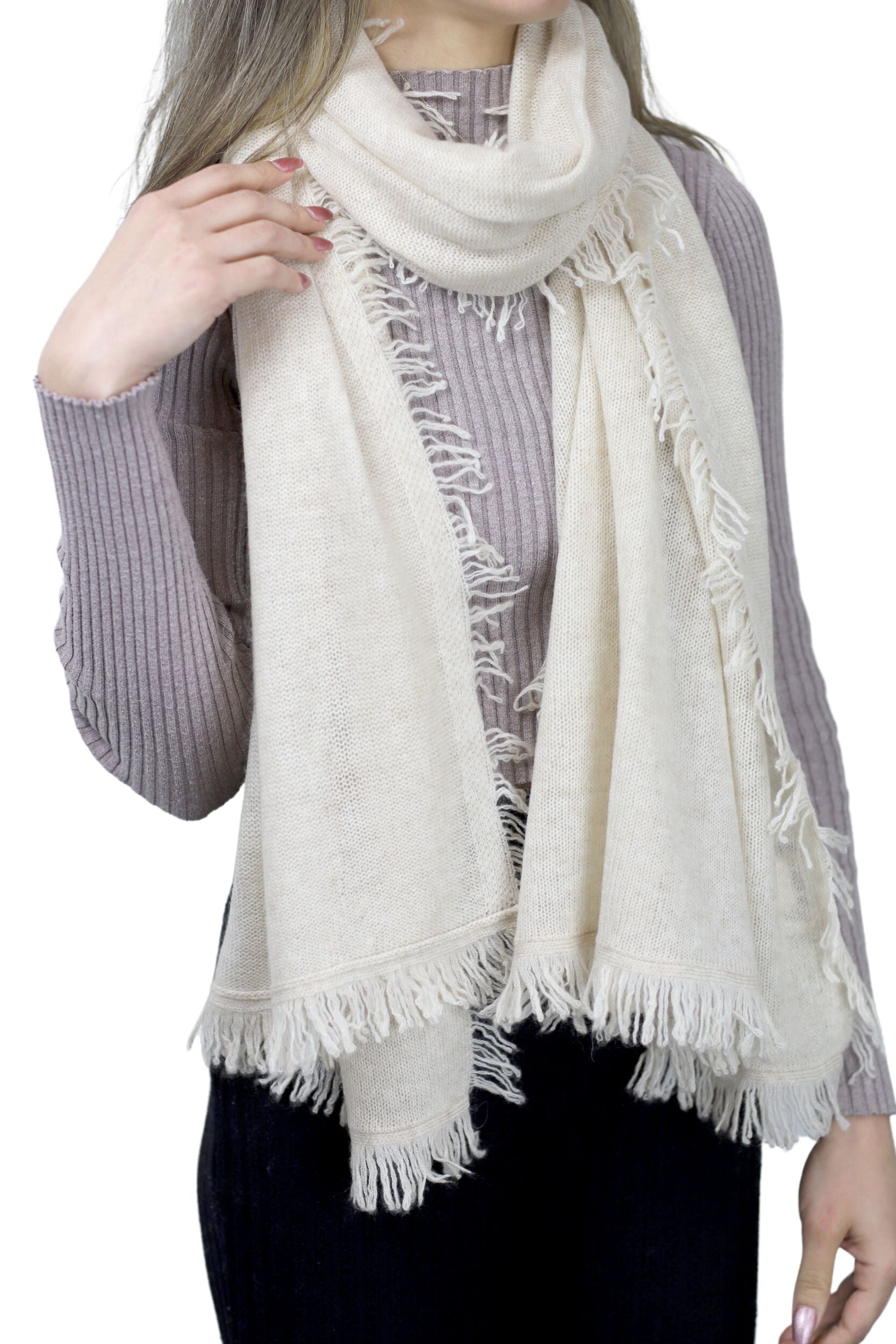 Cashmere Blend Scarf with Fringe Beige - One Size (26 x 80 inches) - Scarf - La Fiorentina 1810015B