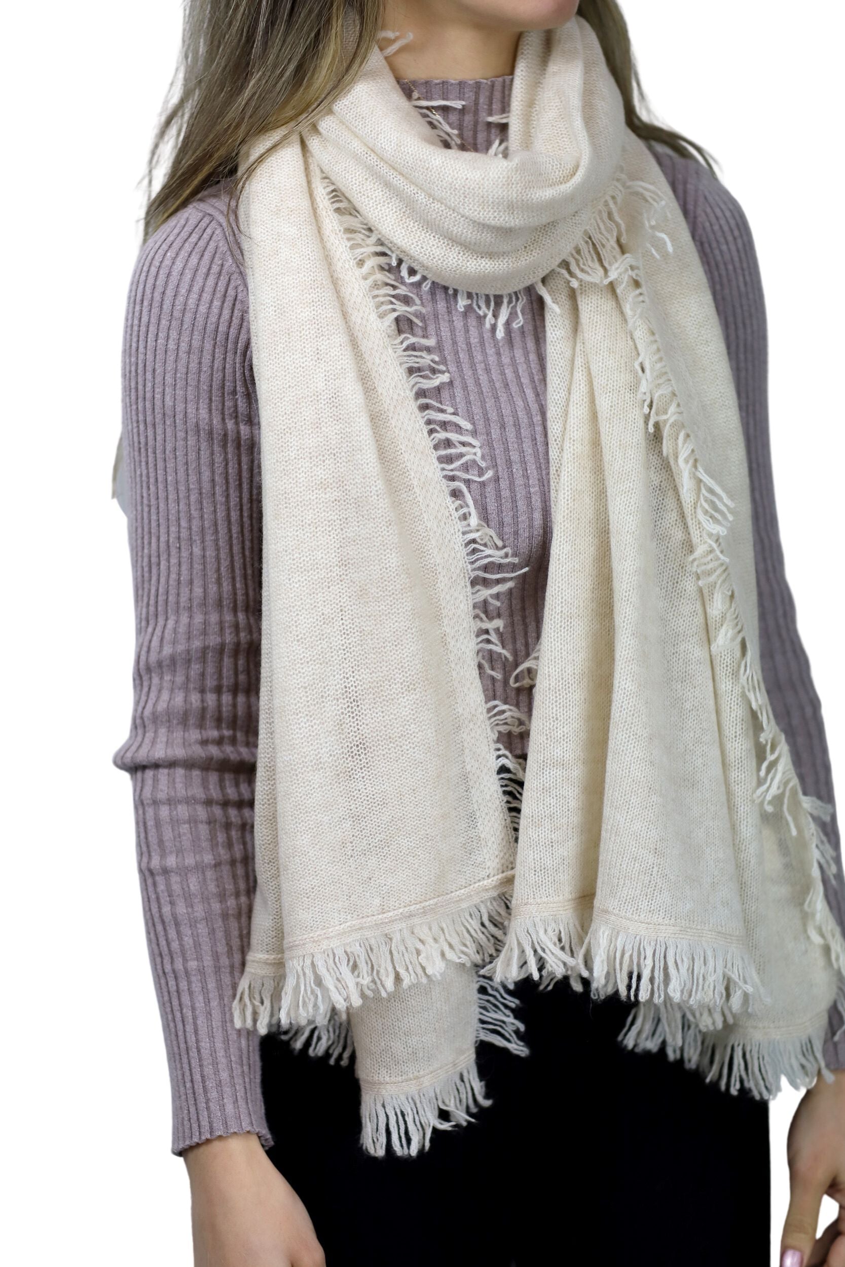 Cashmere Blend Scarf with Fringe Beige - One Size (26 x 80 inches) - Scarf - La Fiorentina 1810015B