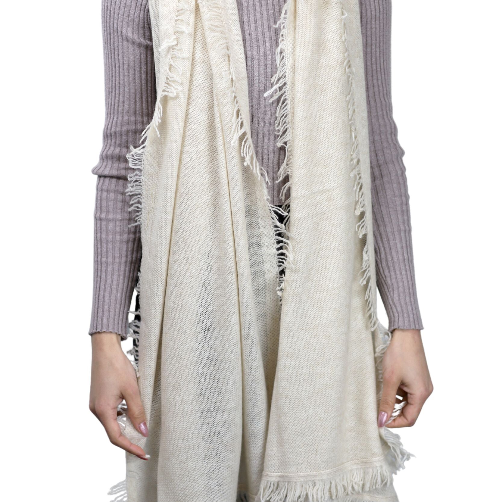Cashmere Blend Scarf with Fringe Beige - One Size (26 x 80 inches) - Scarf - La Fiorentina 1810015B