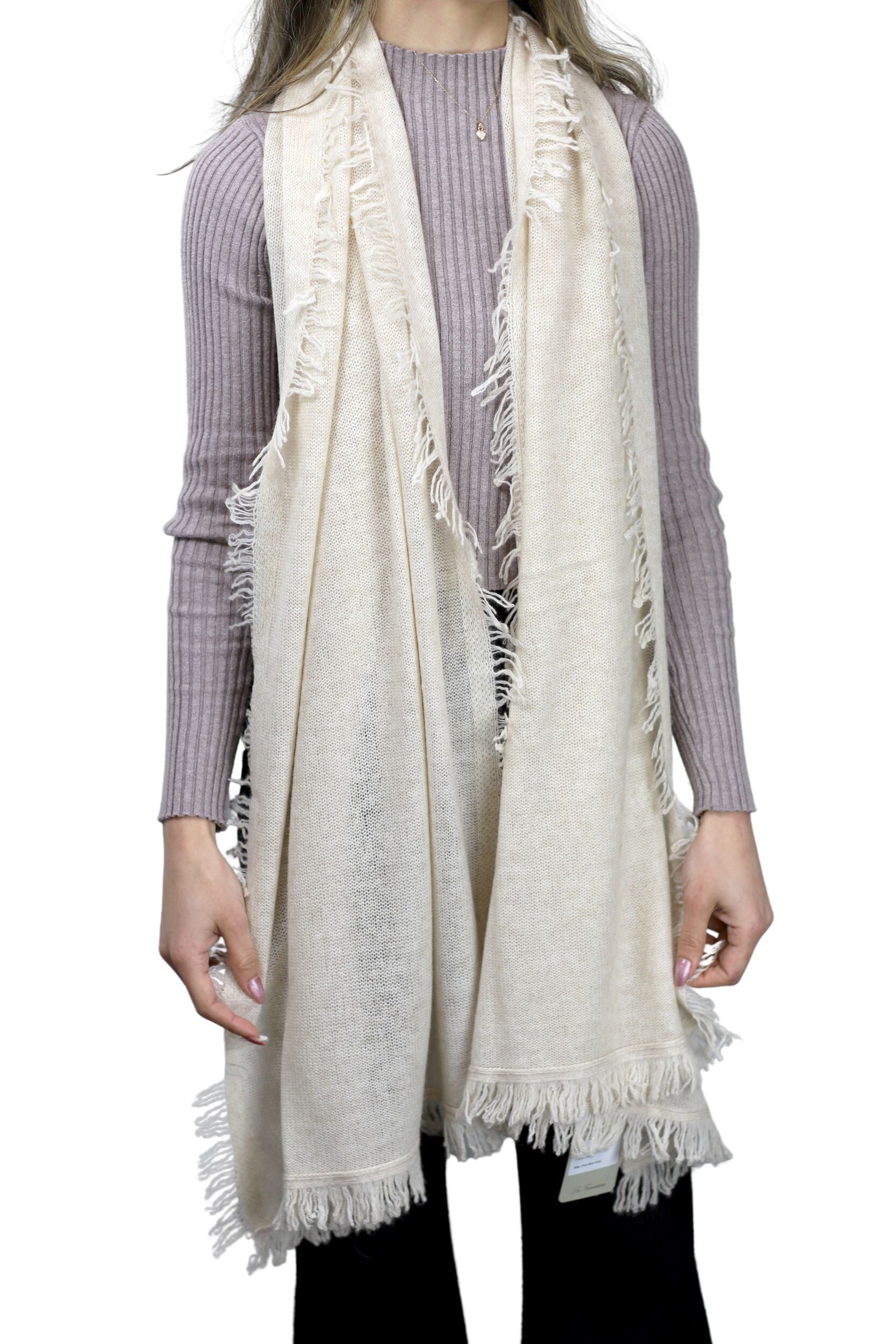 Cashmere Blend Scarf with Fringe Beige - One Size (26 x 80 inches) - Scarf - La Fiorentina 1810015B