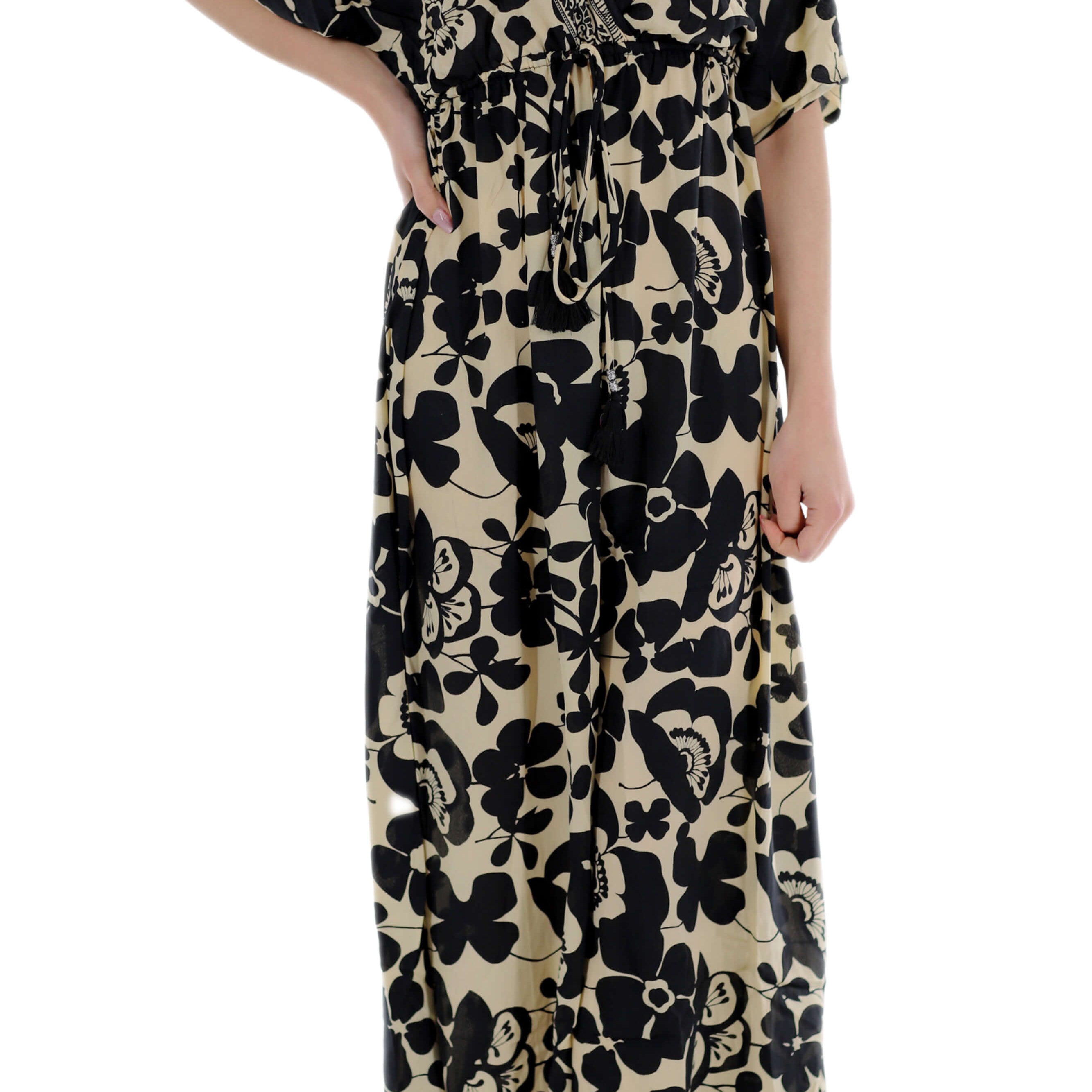 Long Flowy Floral 'Amalia' Maxi Dress in Black/Ivory