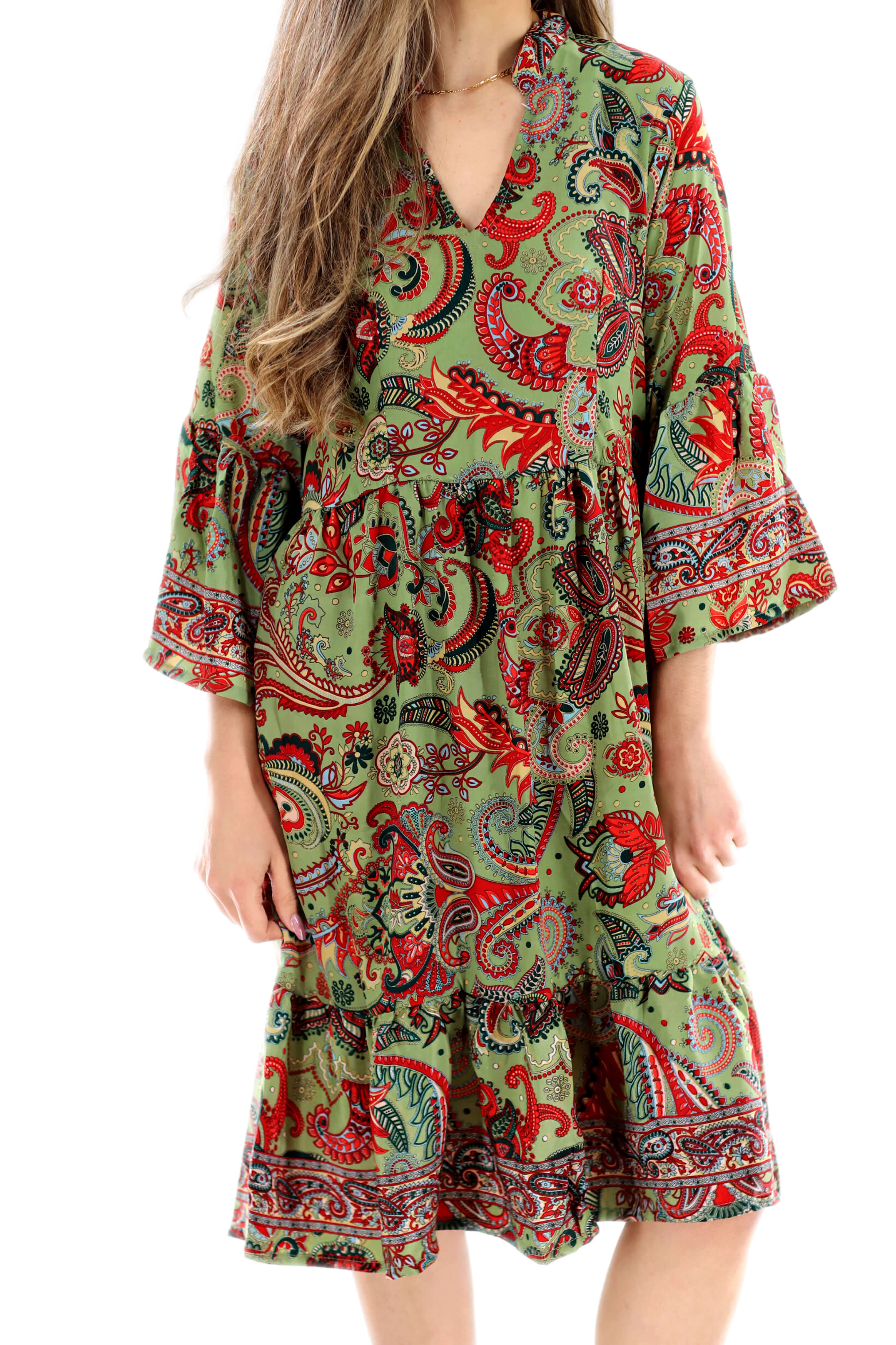 "Capri" Boho Green Flowy Above the Knee Dress