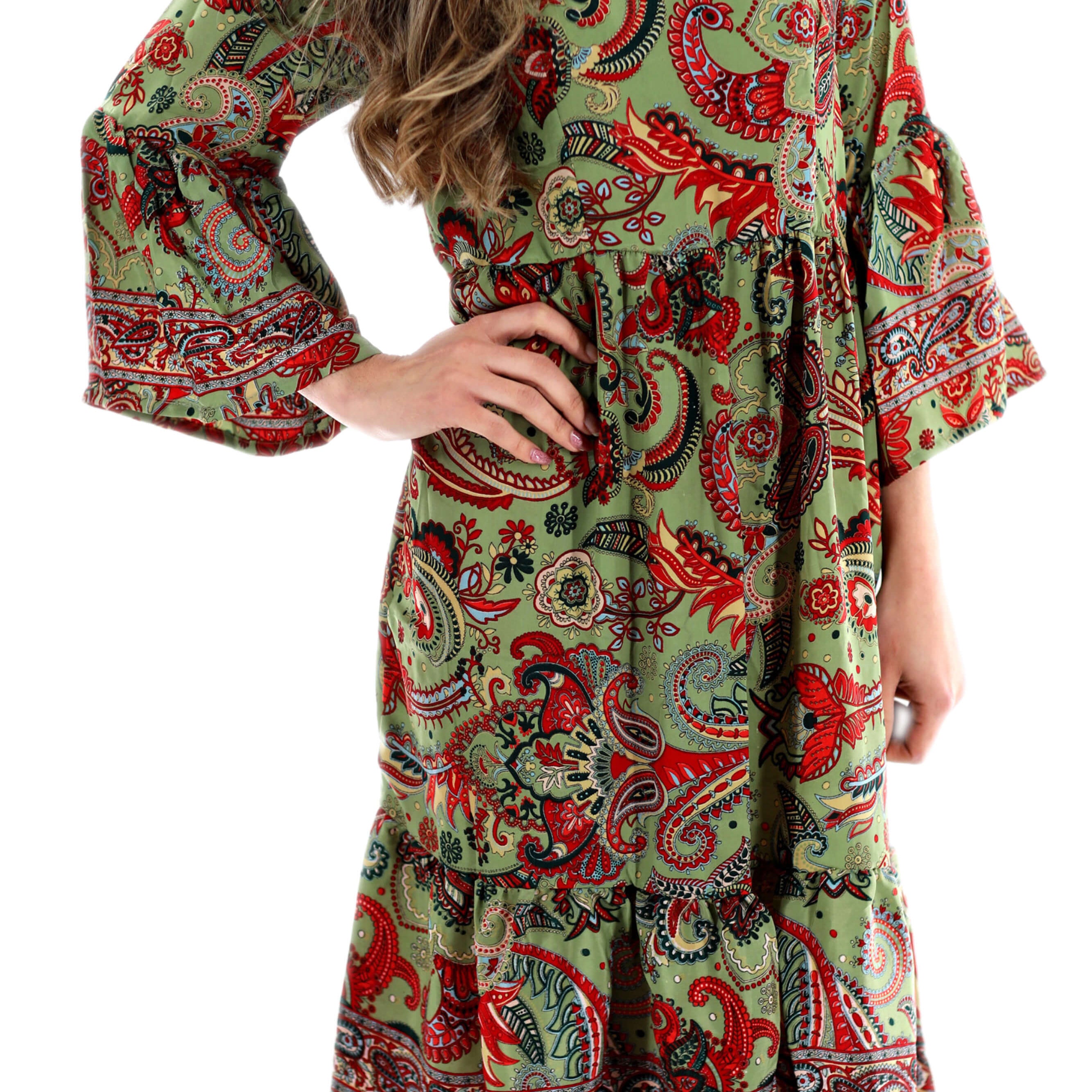 "Capri" Boho Green Flowy Above the Knee Dress