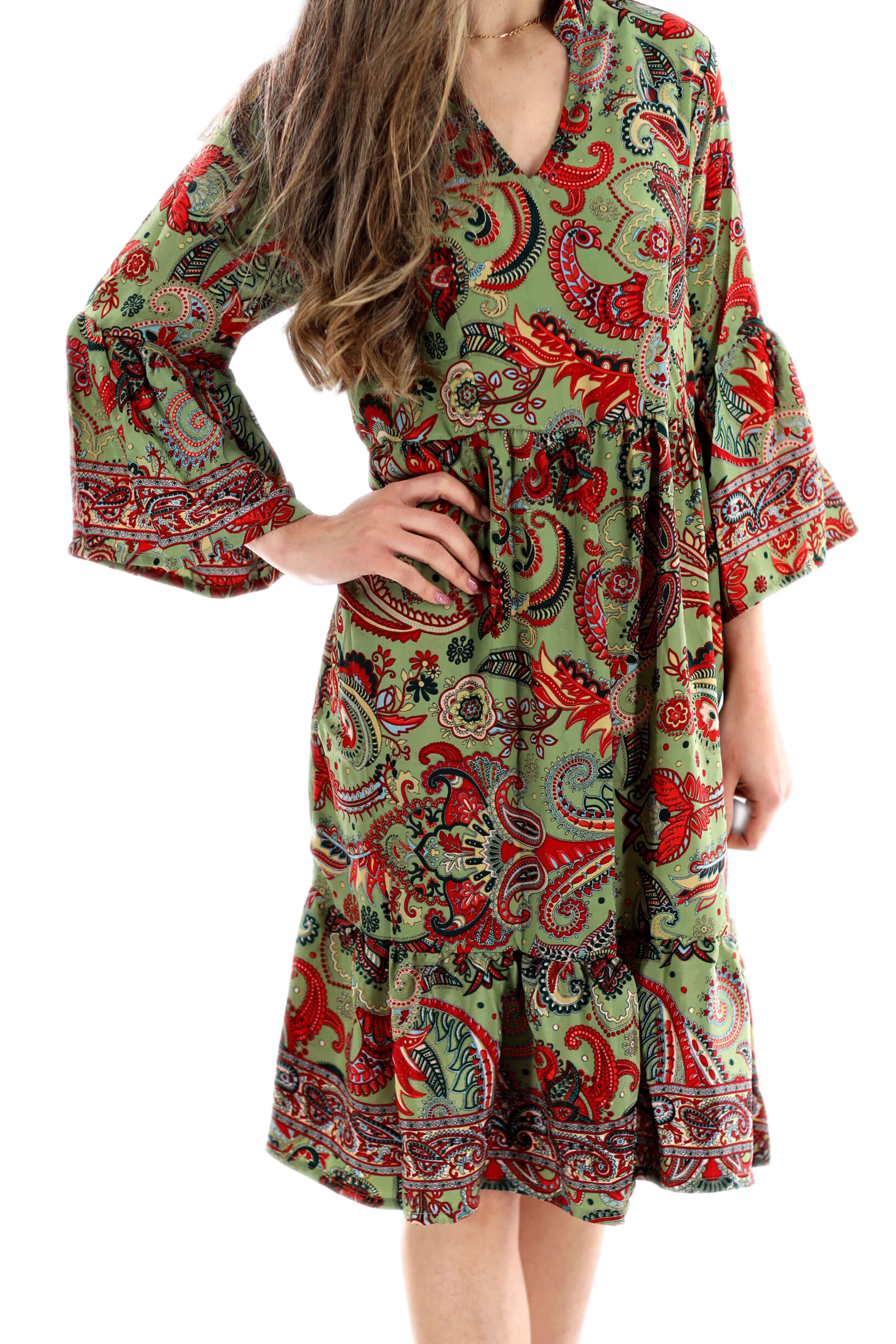 "Capri" Boho Green Flowy Above the Knee Dress