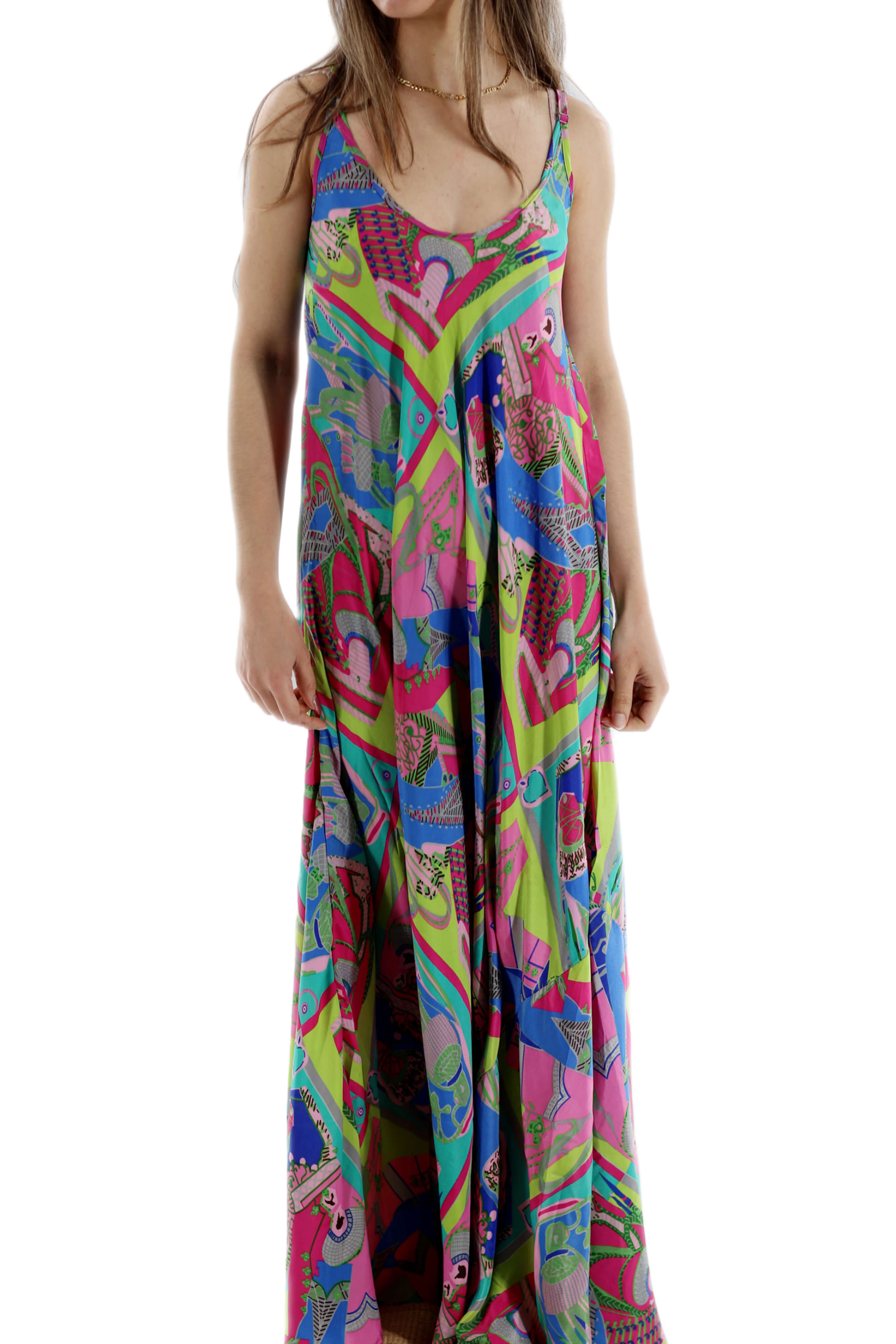 Long Flowy Floral "Stefania" Maxi dress in Neon Multi