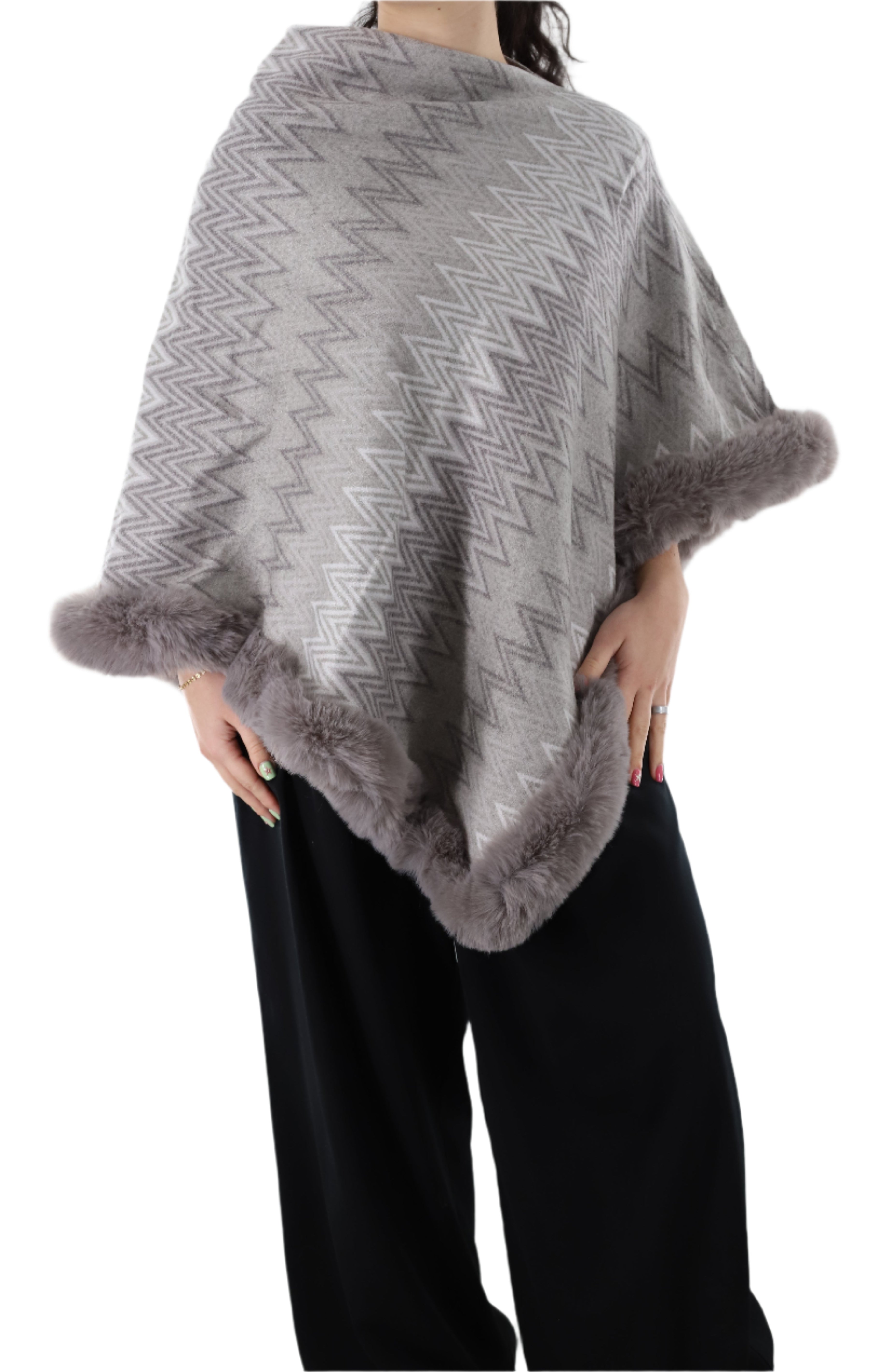 Zig Zag Print Poncho with Faux Fur Trim