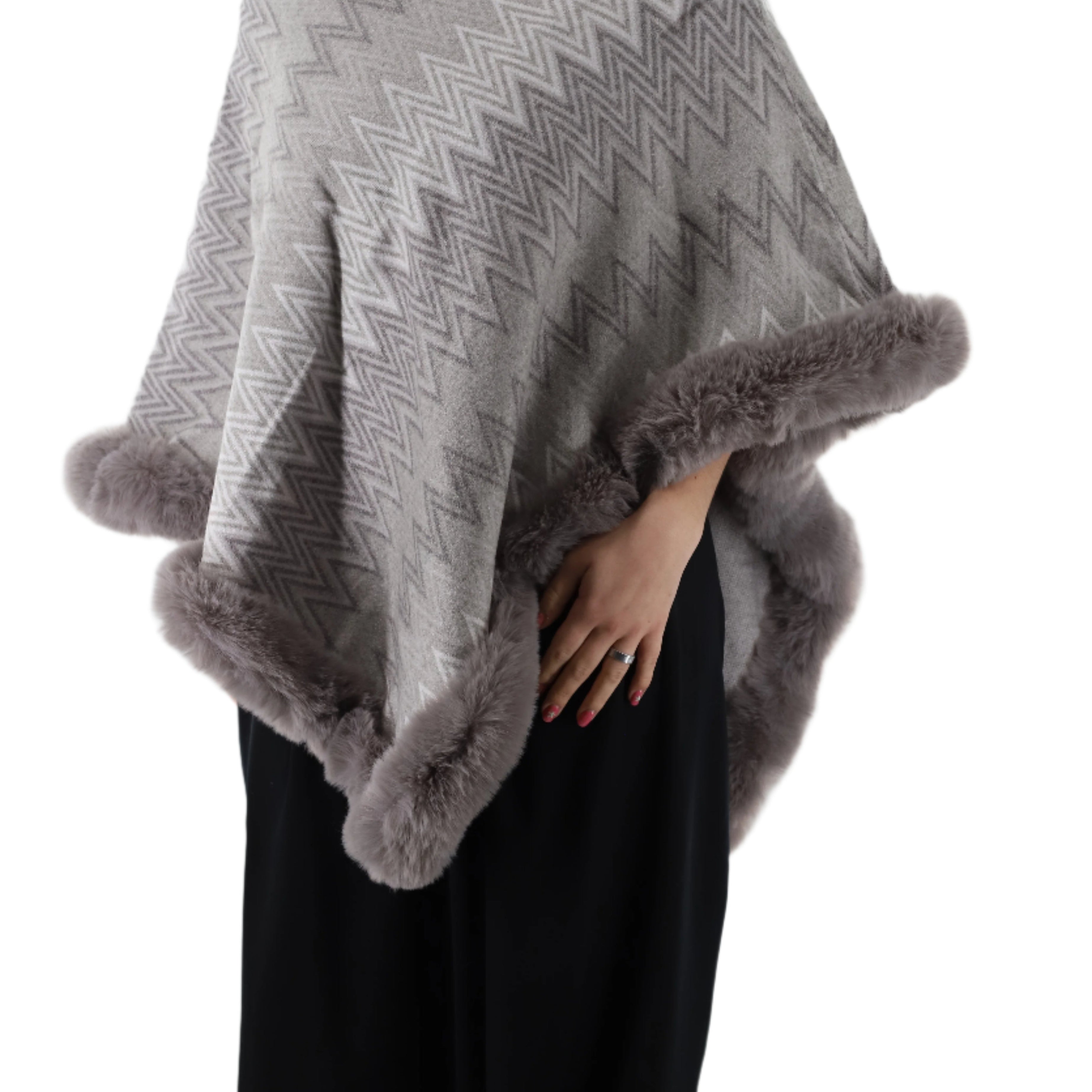 Zig Zag Print Poncho with Faux Fur Trim