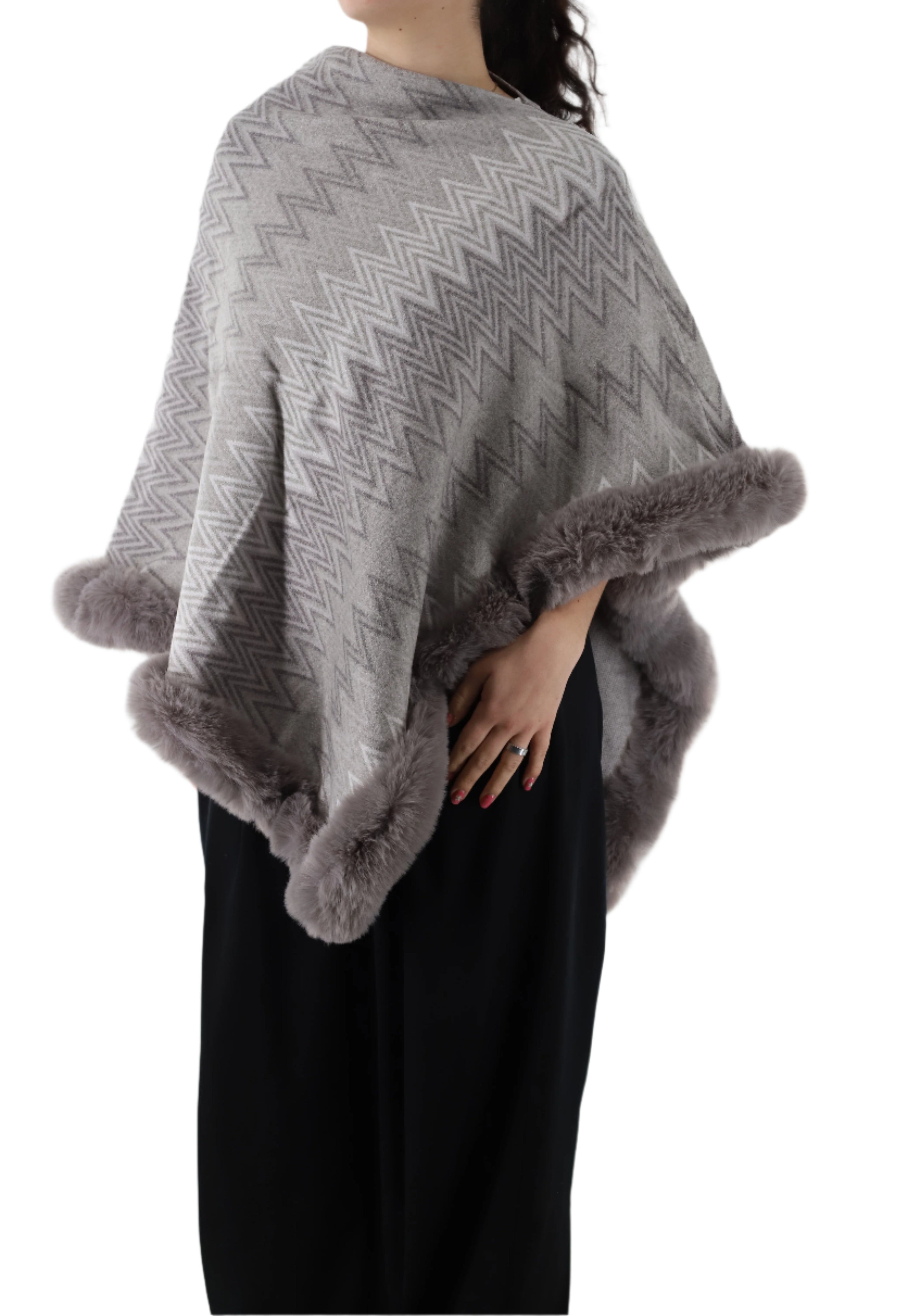 Zig Zag Print Poncho with Faux Fur Trim