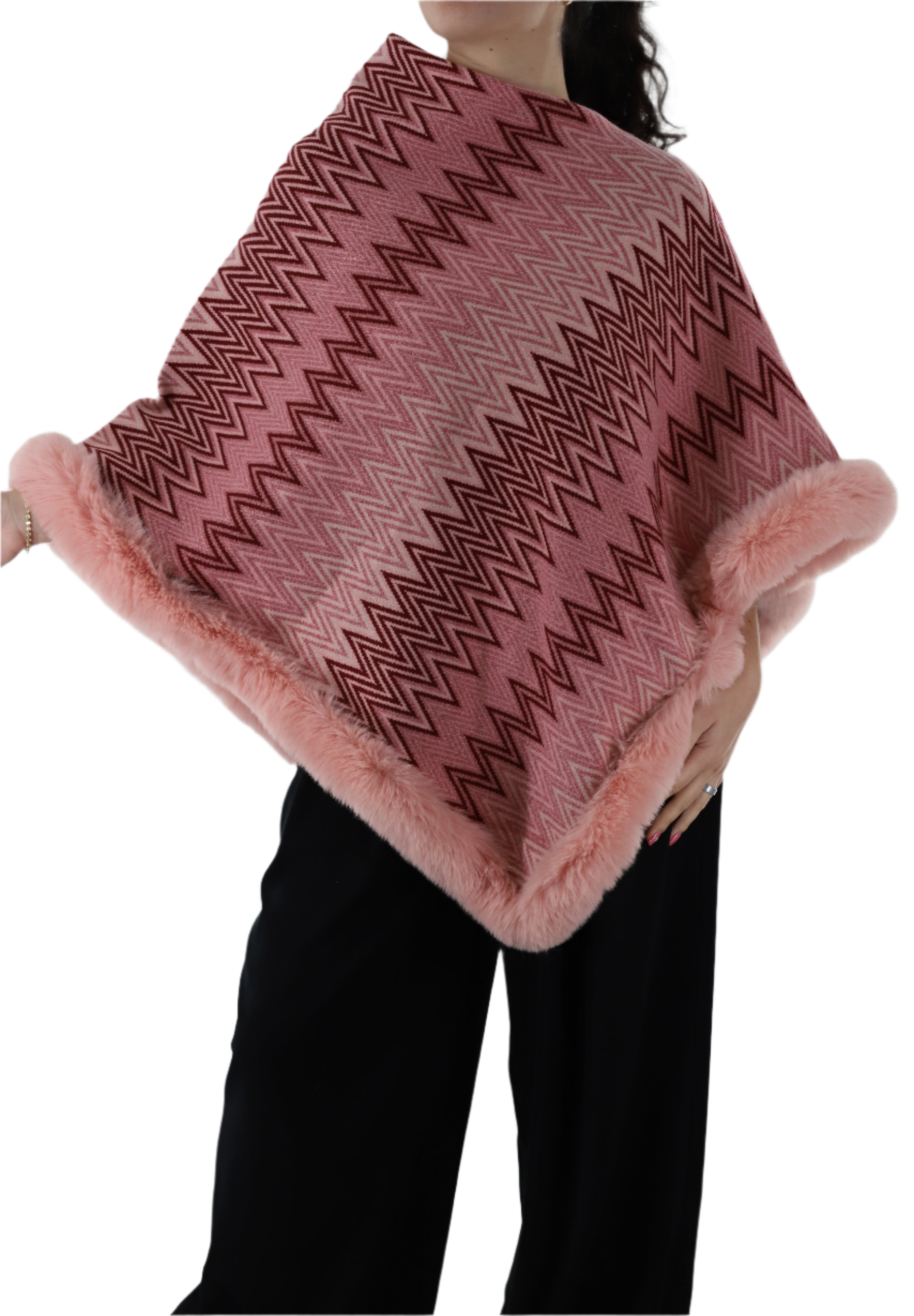 Zig Zag Print Poncho with Faux Fur Trim