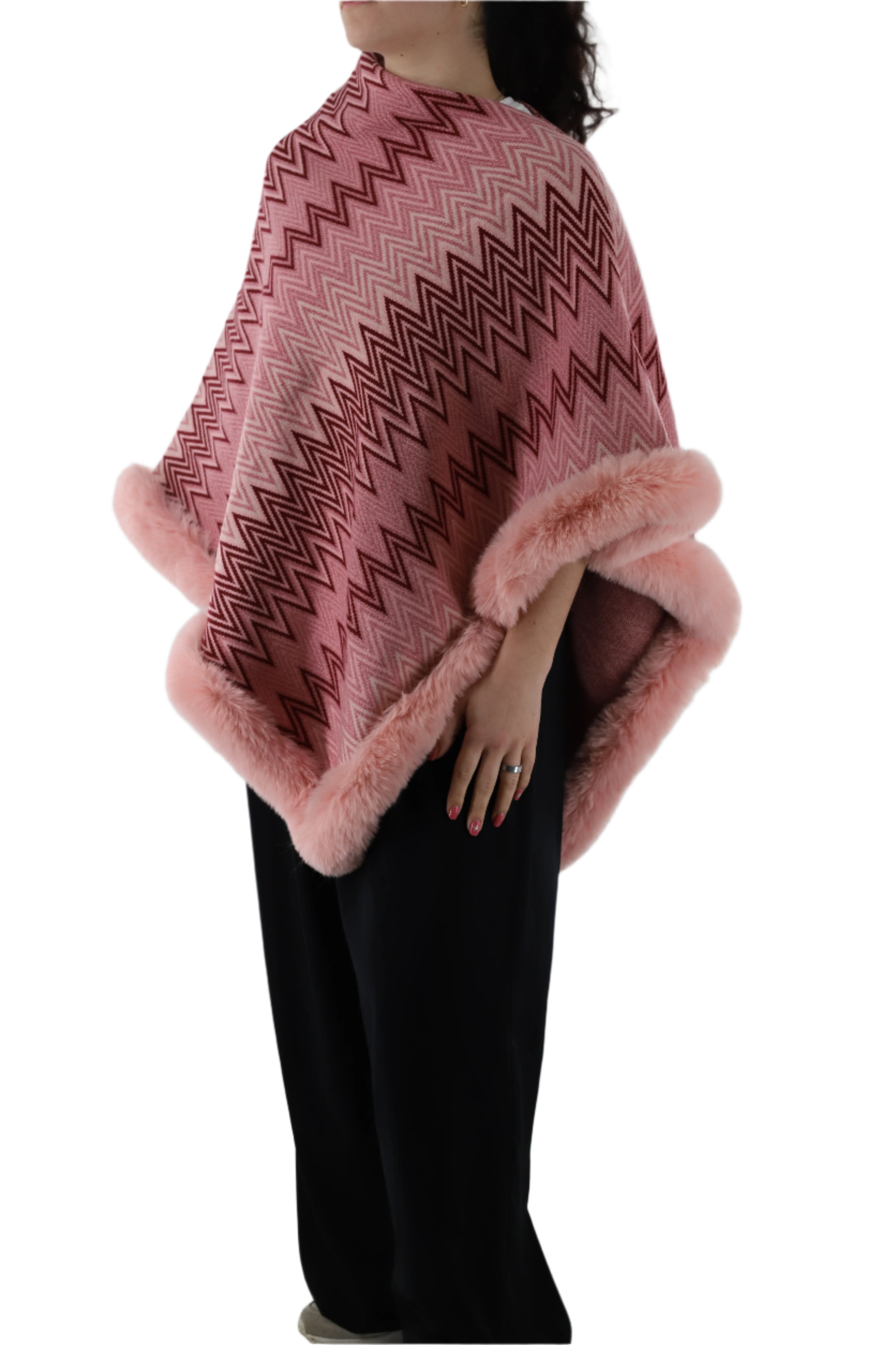 Zig Zag Print Poncho with Faux Fur Trim