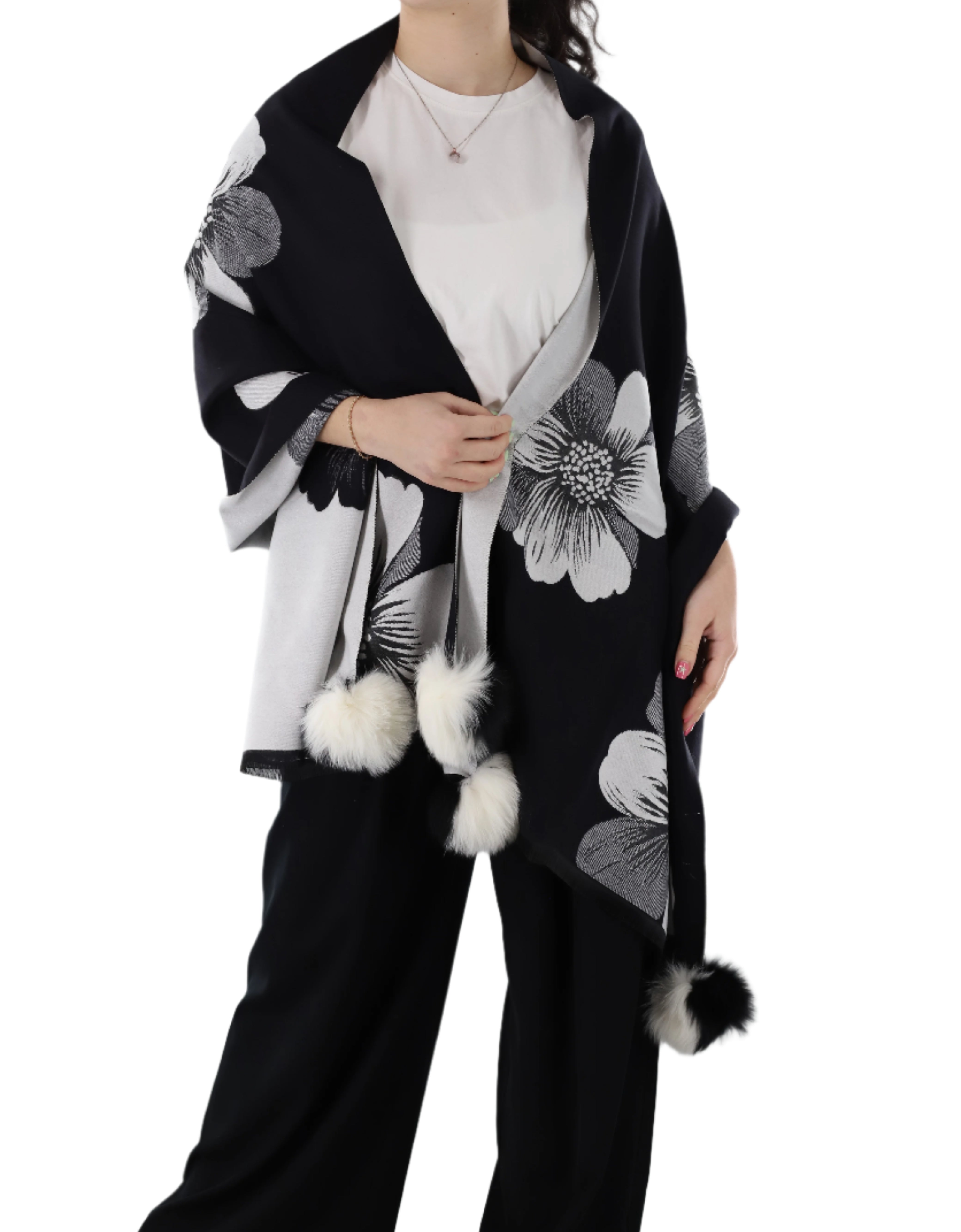 La Fiorentina  | Floral Print Wrap with Fox Poms | Black/White