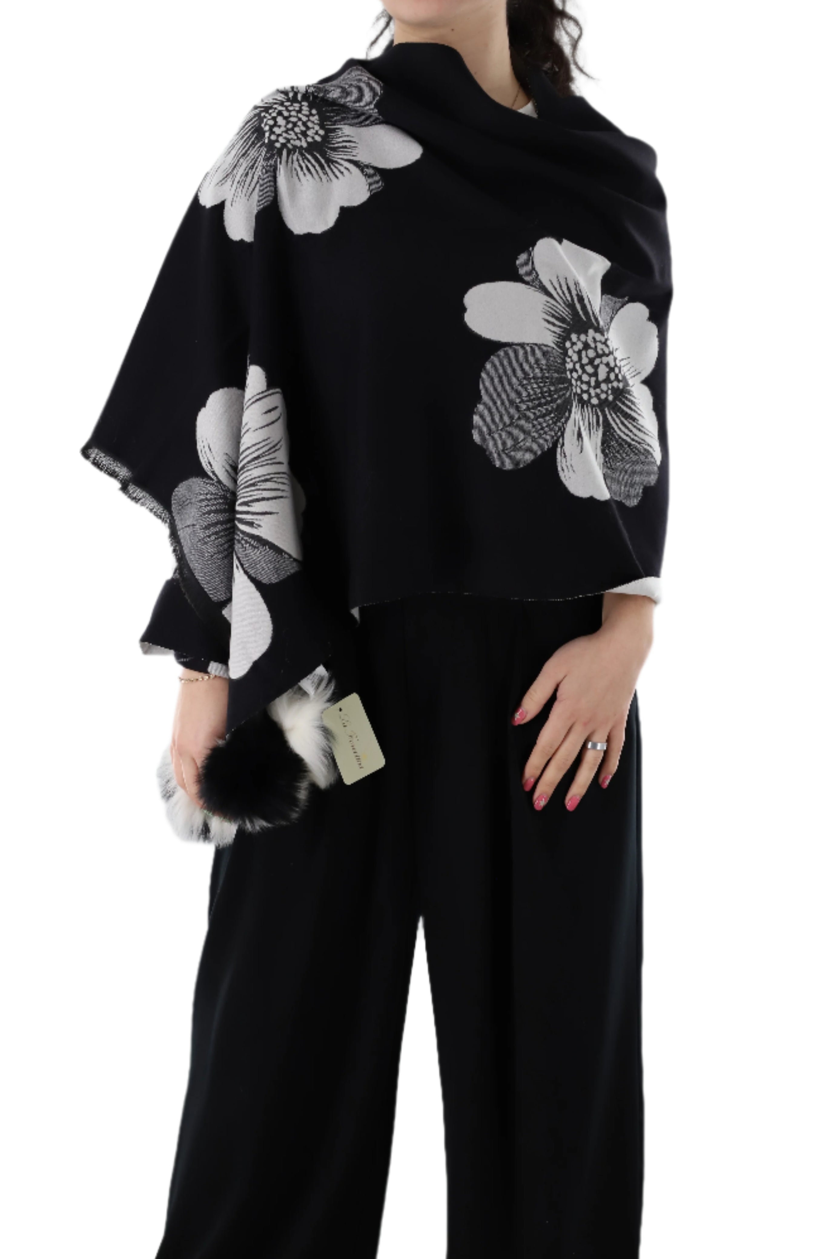 La Fiorentina  | Floral Print Wrap with Fox Poms | Black/White