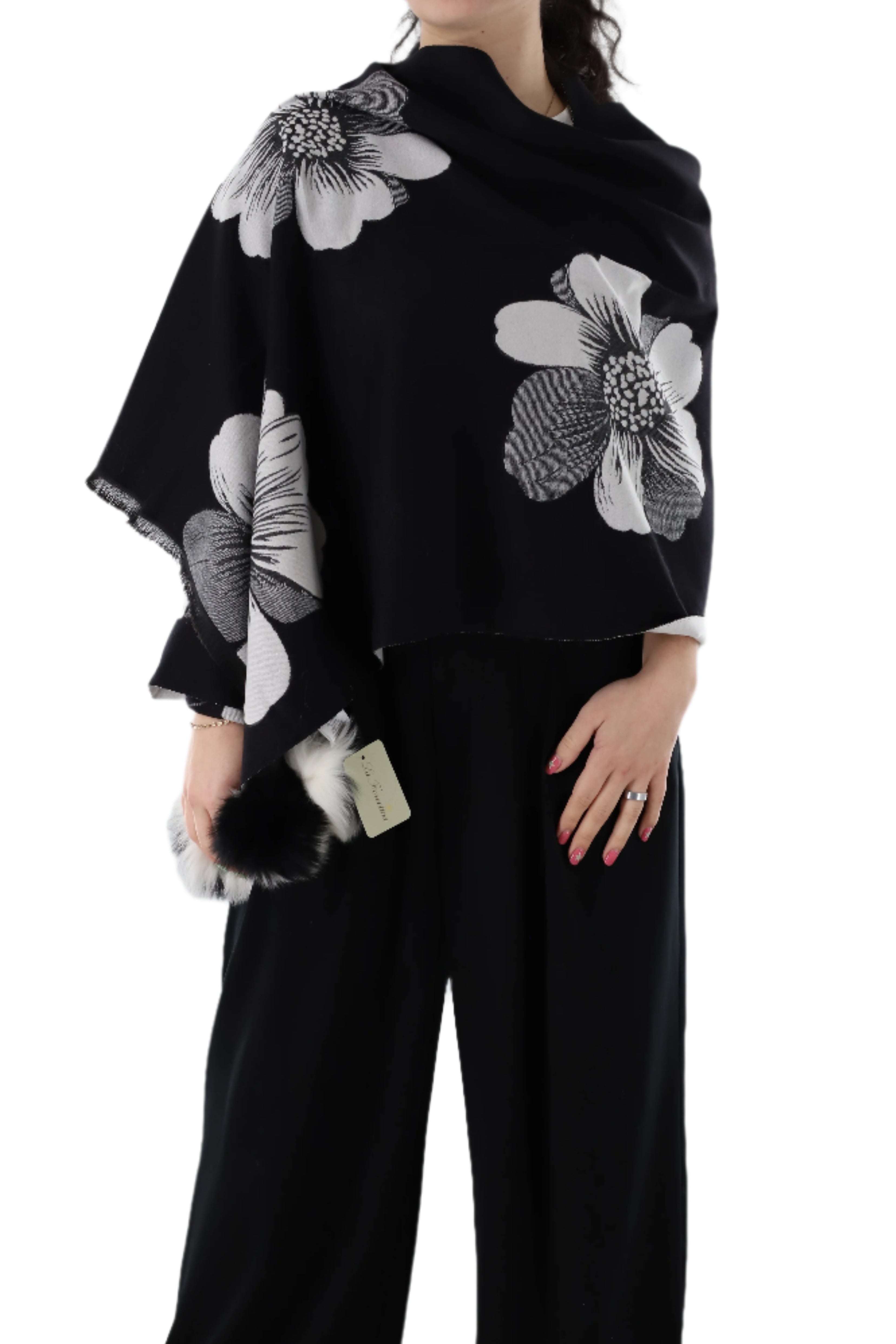 La Fiorentina  | Floral Print Wrap with Fox Poms | Black/White