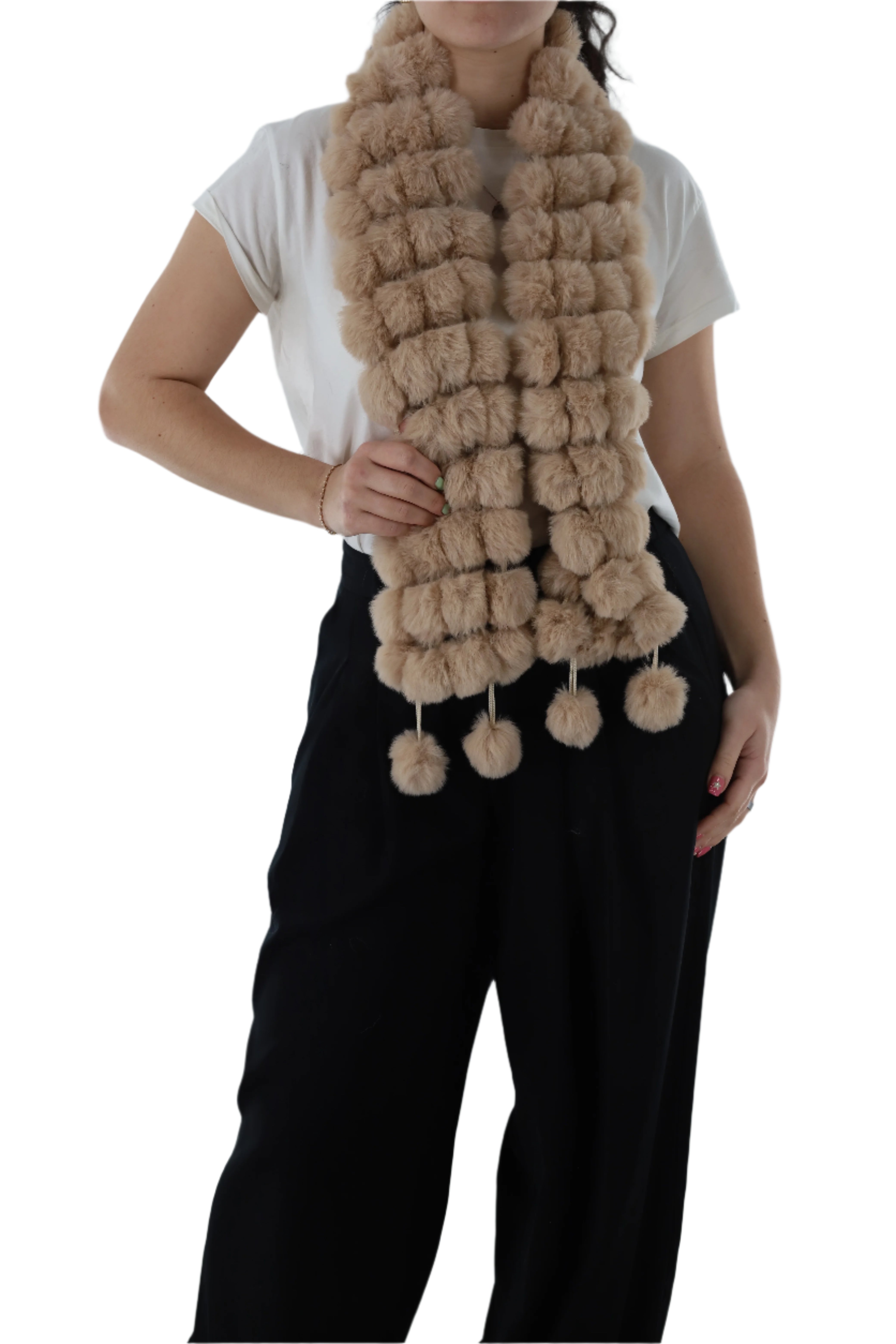 Faux Fur Poms Muffler - Camel