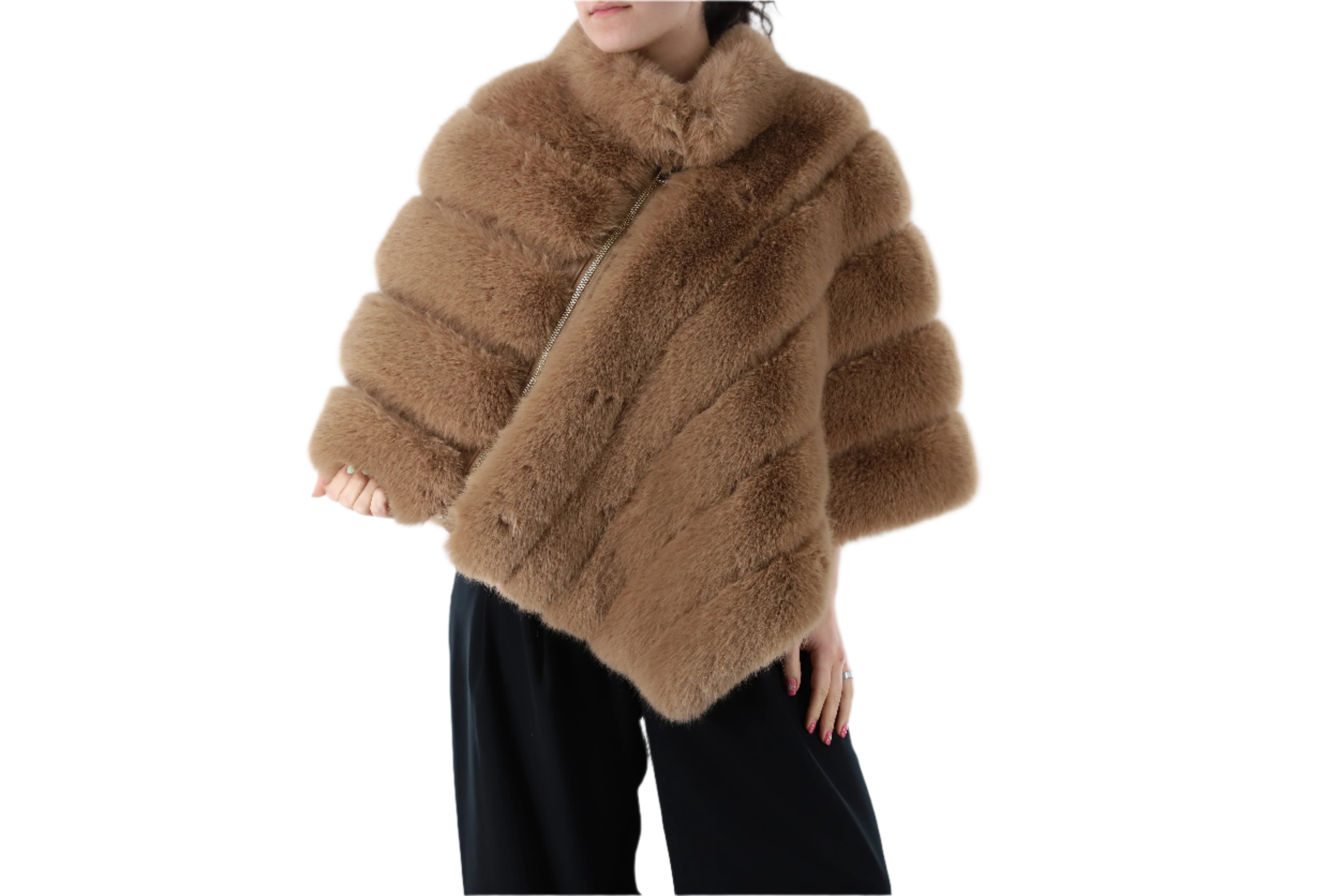 Poncho with Zipper  Faux Fur - Camel - Poncho - La Fiorentina