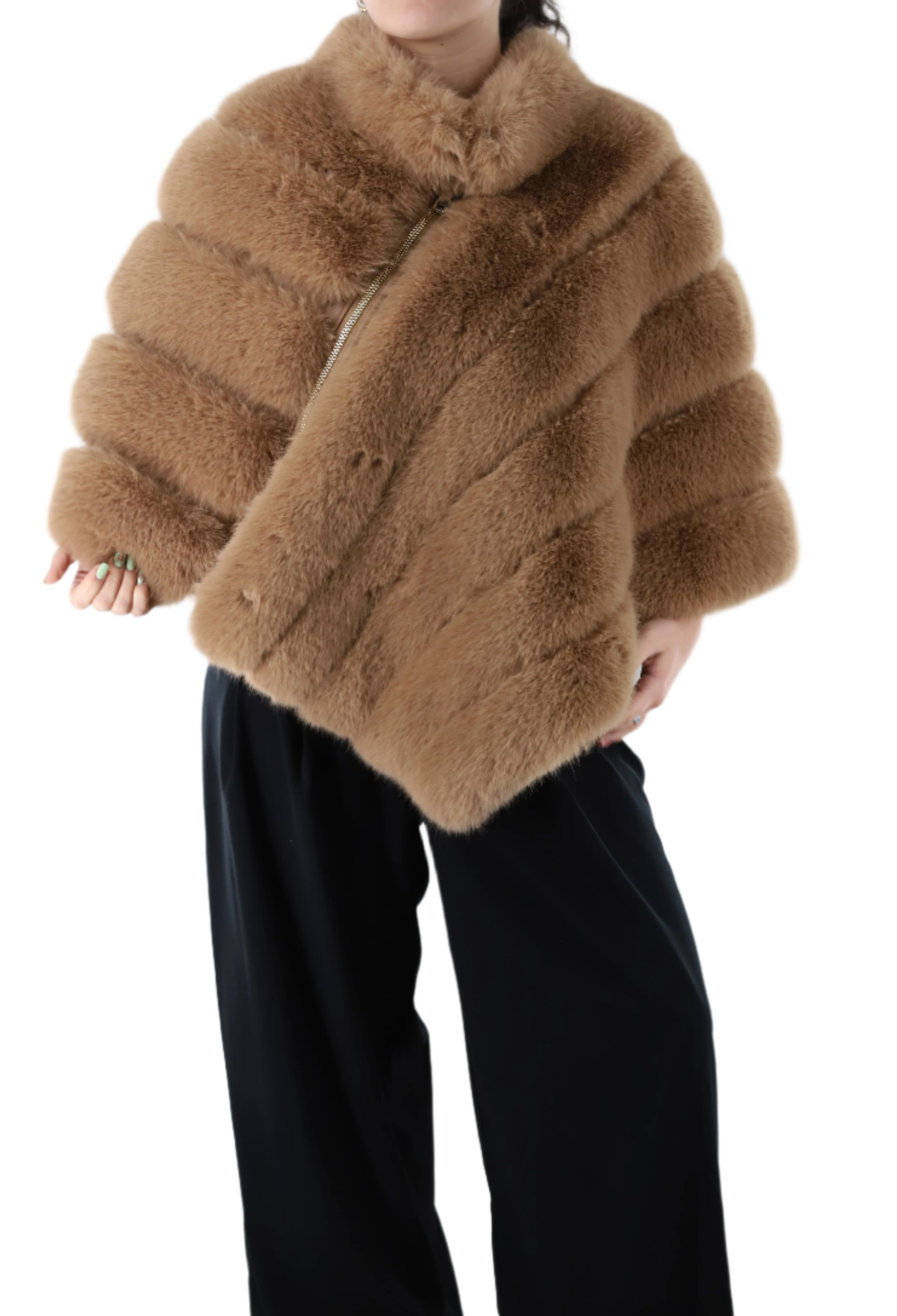 Poncho with Zipper  Faux Fur - Camel - Poncho - La Fiorentina