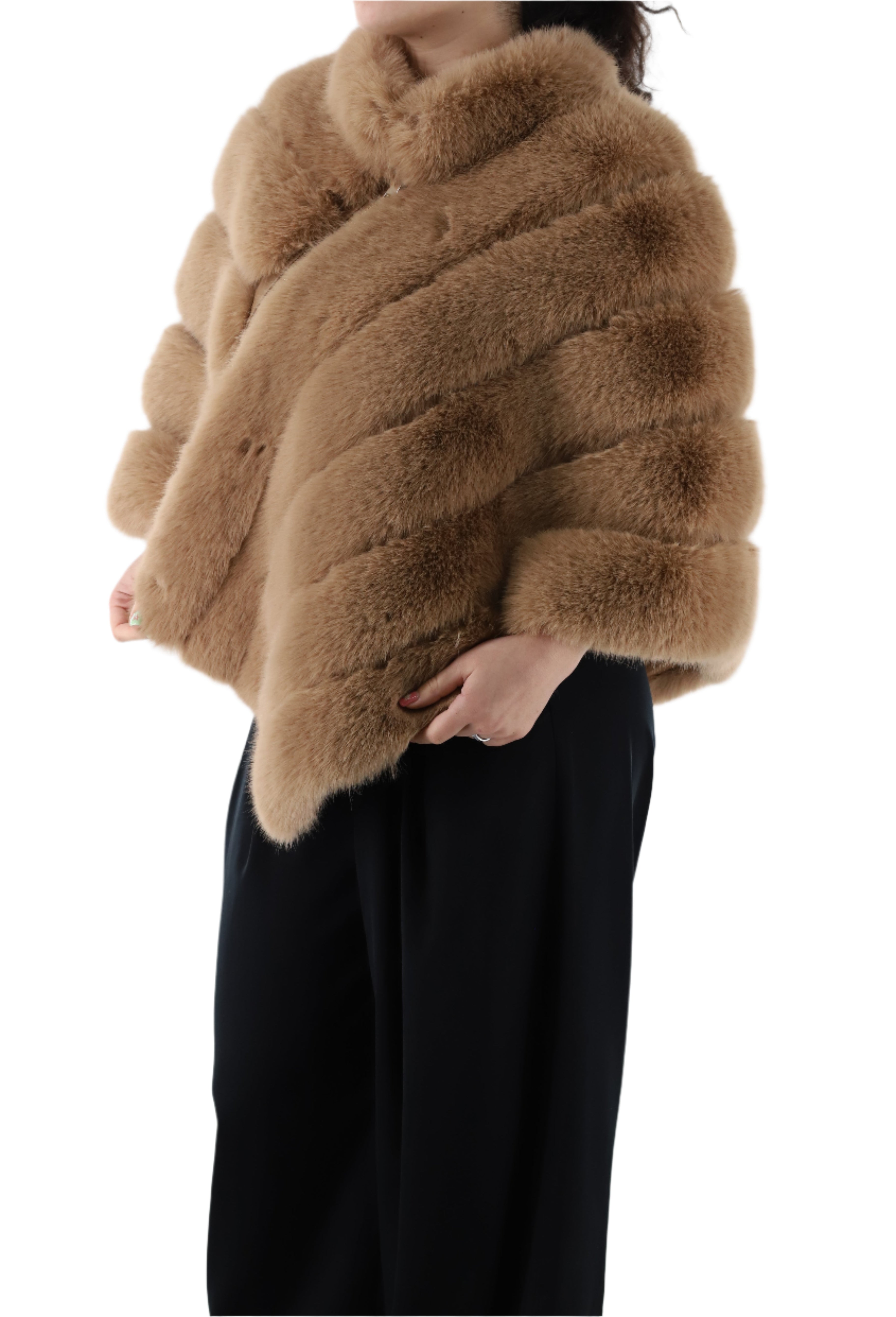 Poncho with Zipper  Faux Fur - Camel - Poncho - La Fiorentina