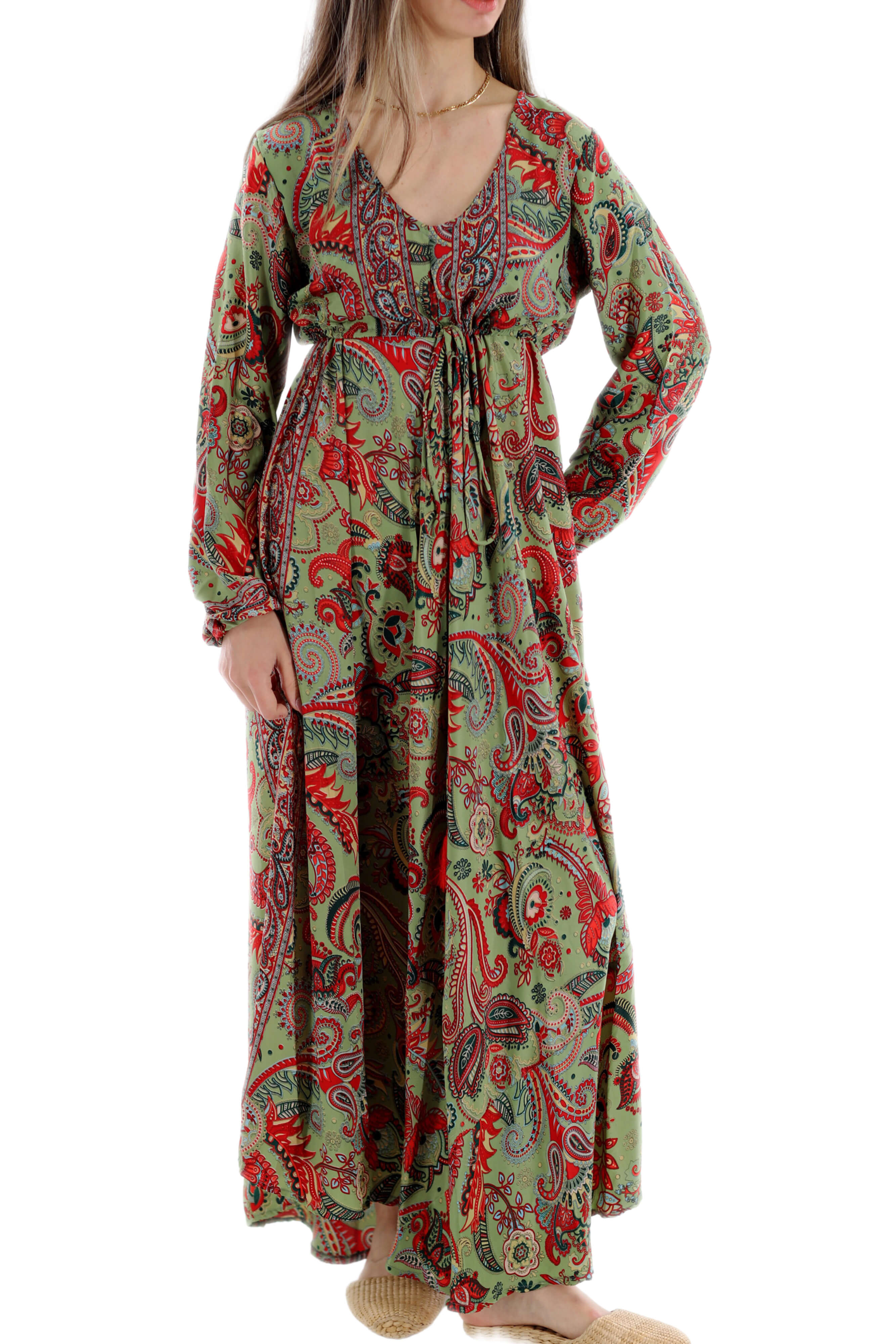 Long Flowy Floral 'Emilia' Maxi Dress - Green/Red (2024)