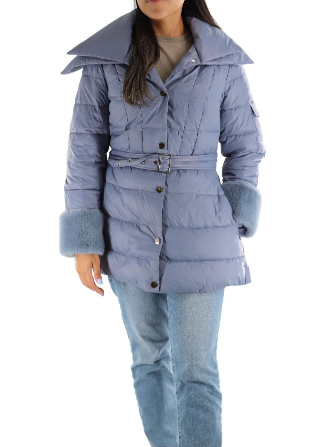 A-line Puffer Jacket with Faux Fur Cuffs
