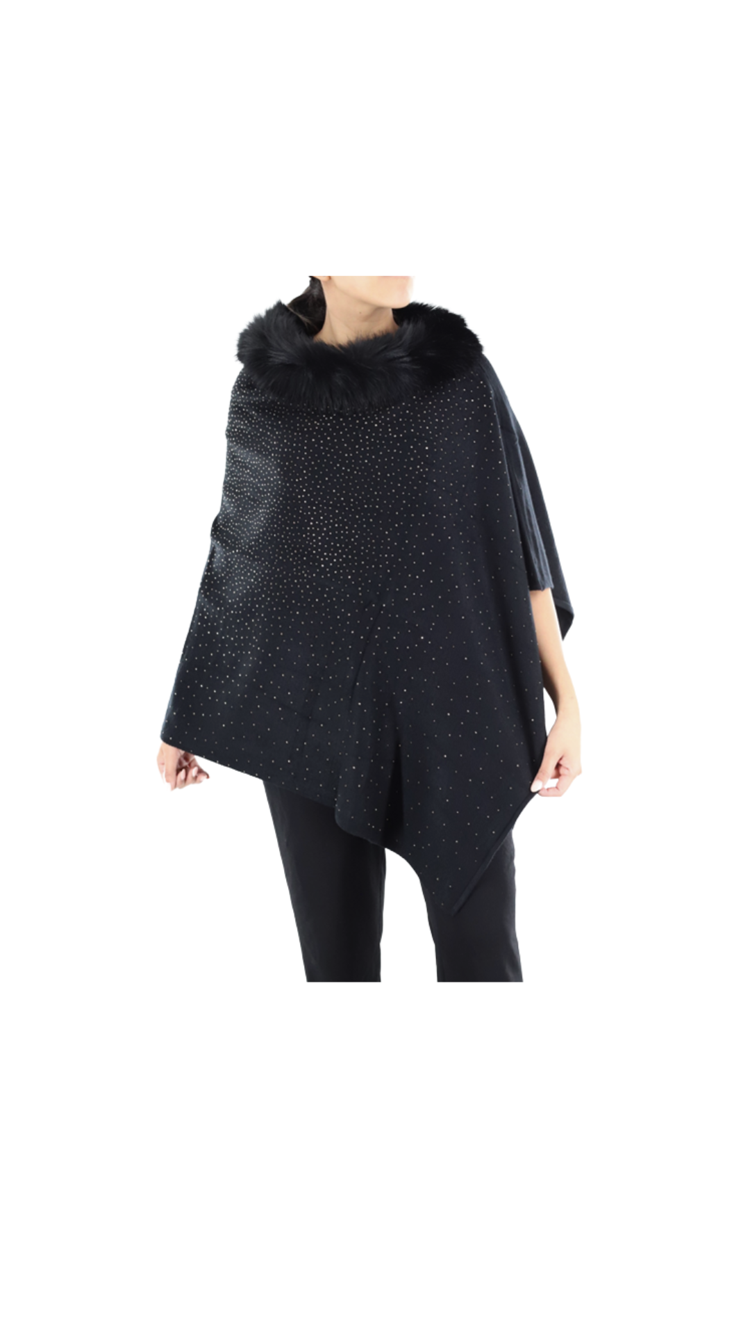 Knitted Poncho with Embellishments and a Faux Fur Collar-B40-2301