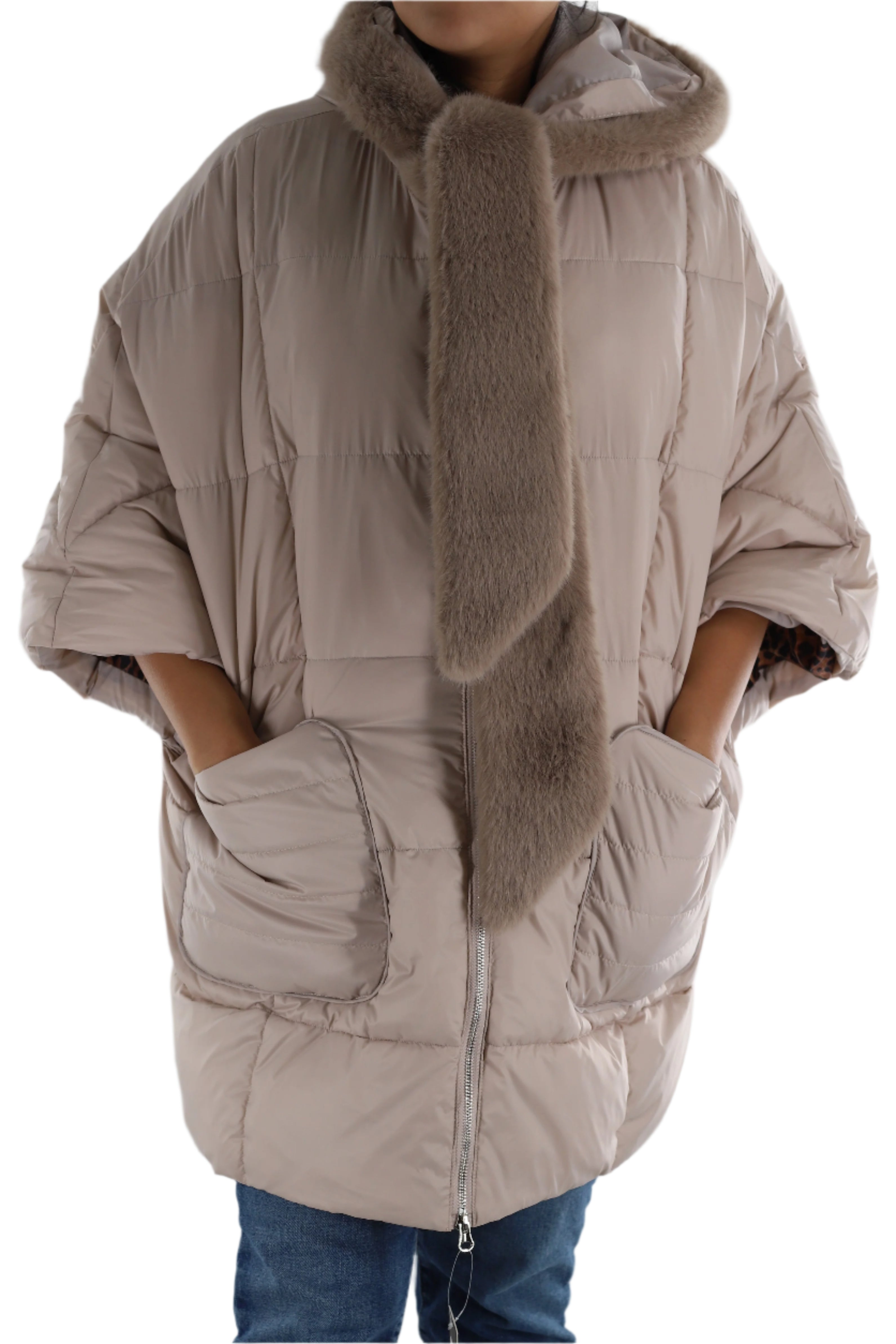 Puffer jacket with faux fur scarf