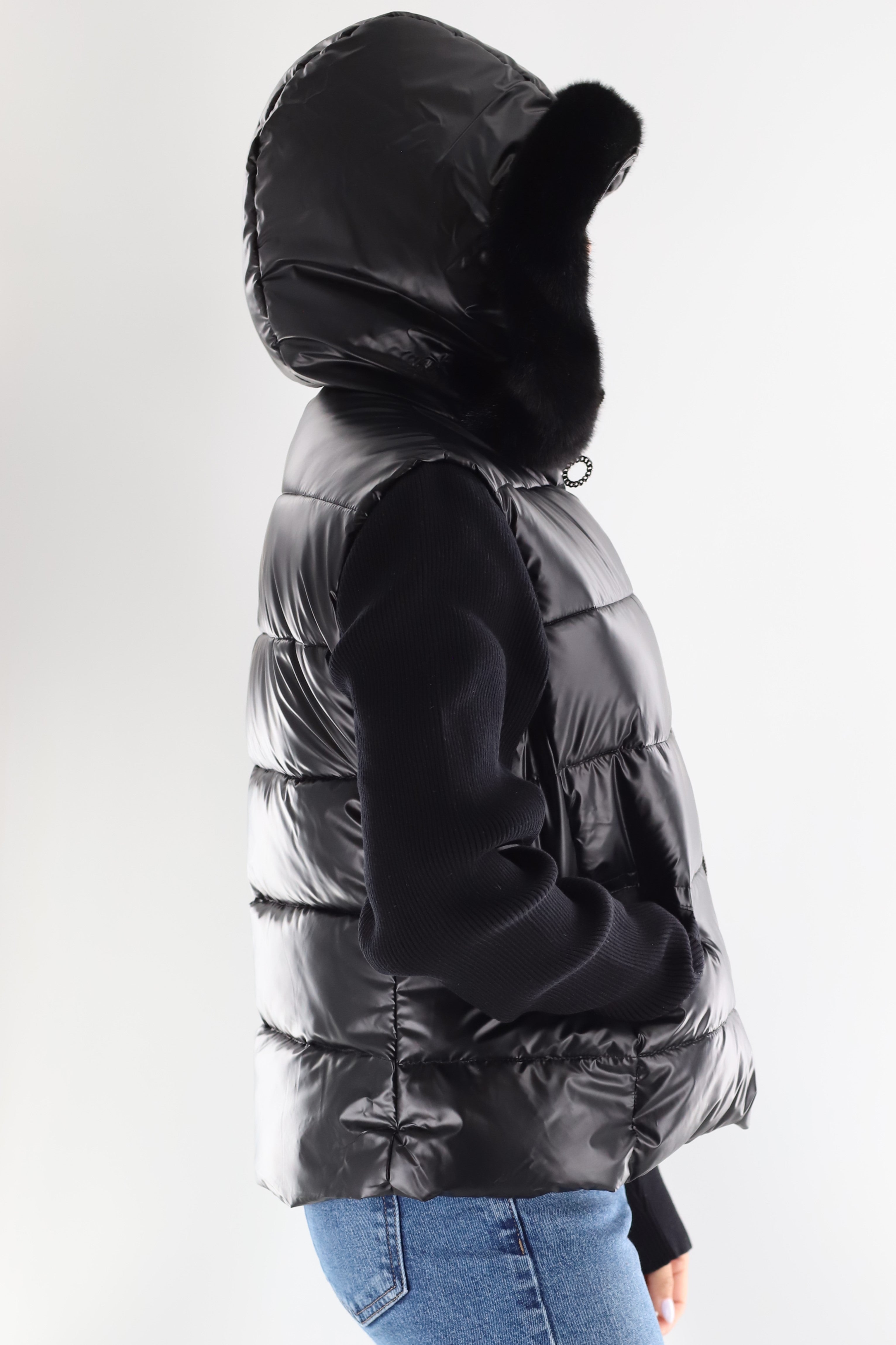 Metallic Puffer Jacket with Knit Sleeves & Faux Fur Detail