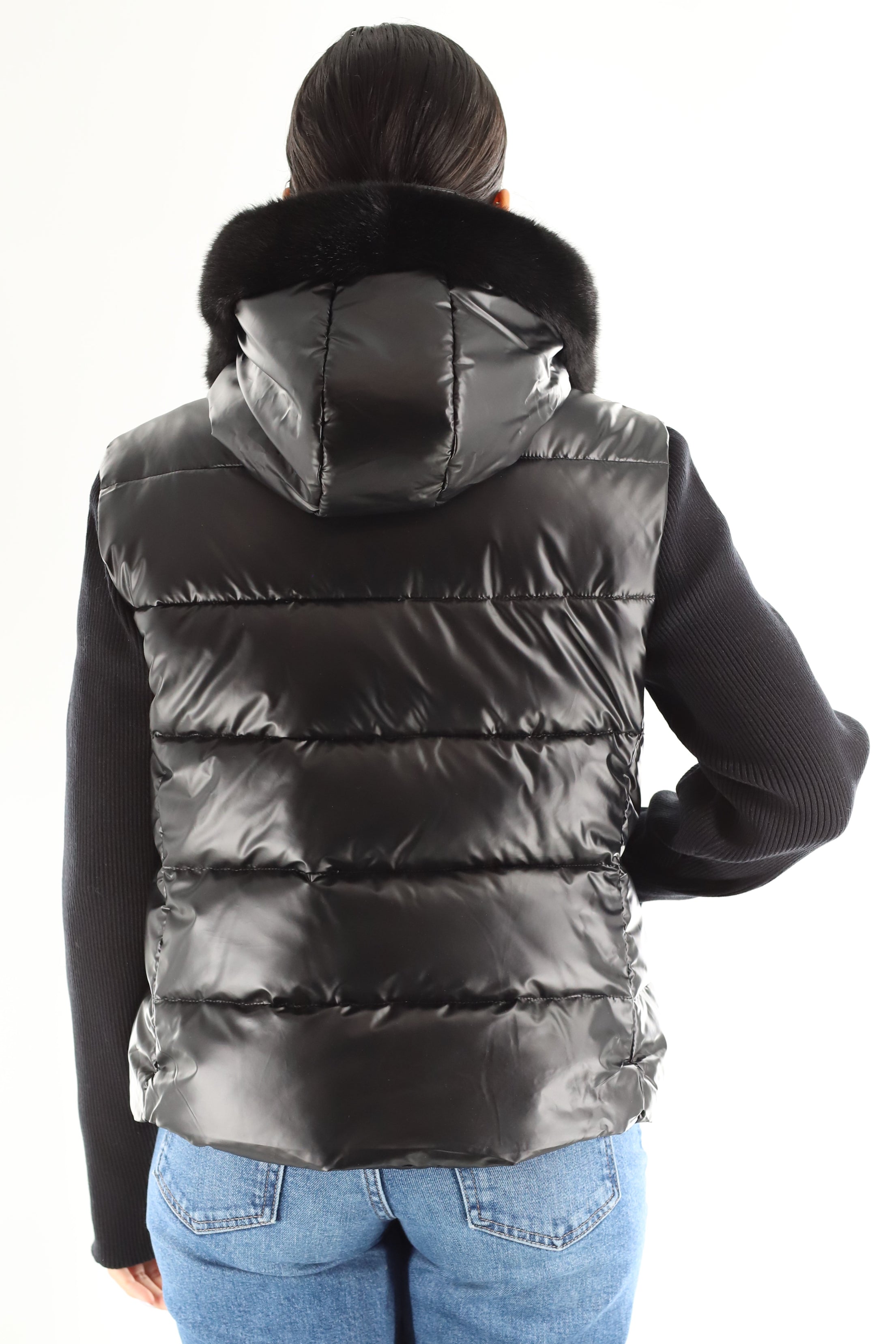 Metallic Puffer Jacket with Knit Sleeves & Faux Fur Detail
