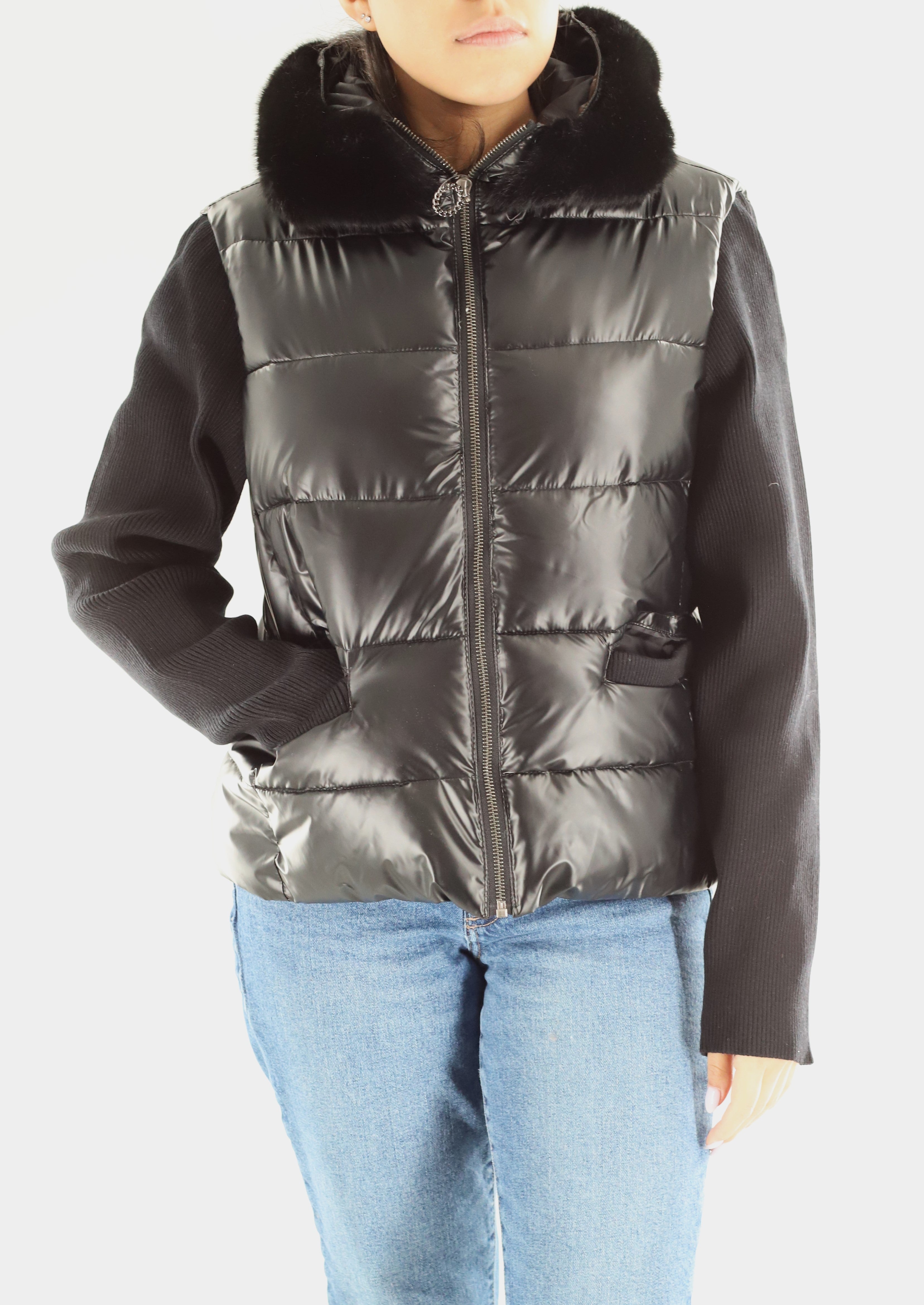 Metallic Puffer Jacket with Knit Sleeves & Faux Fur Detail