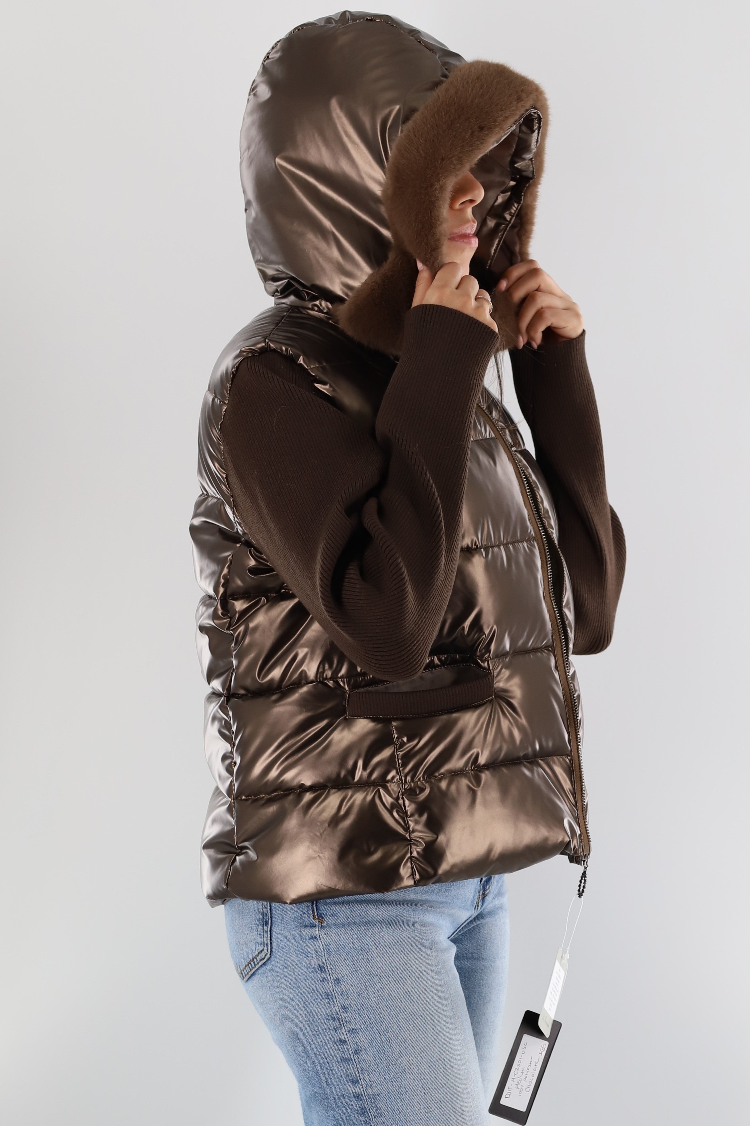 Metallic Puffer Jacket with Knit Sleeves & Faux Fur Detail