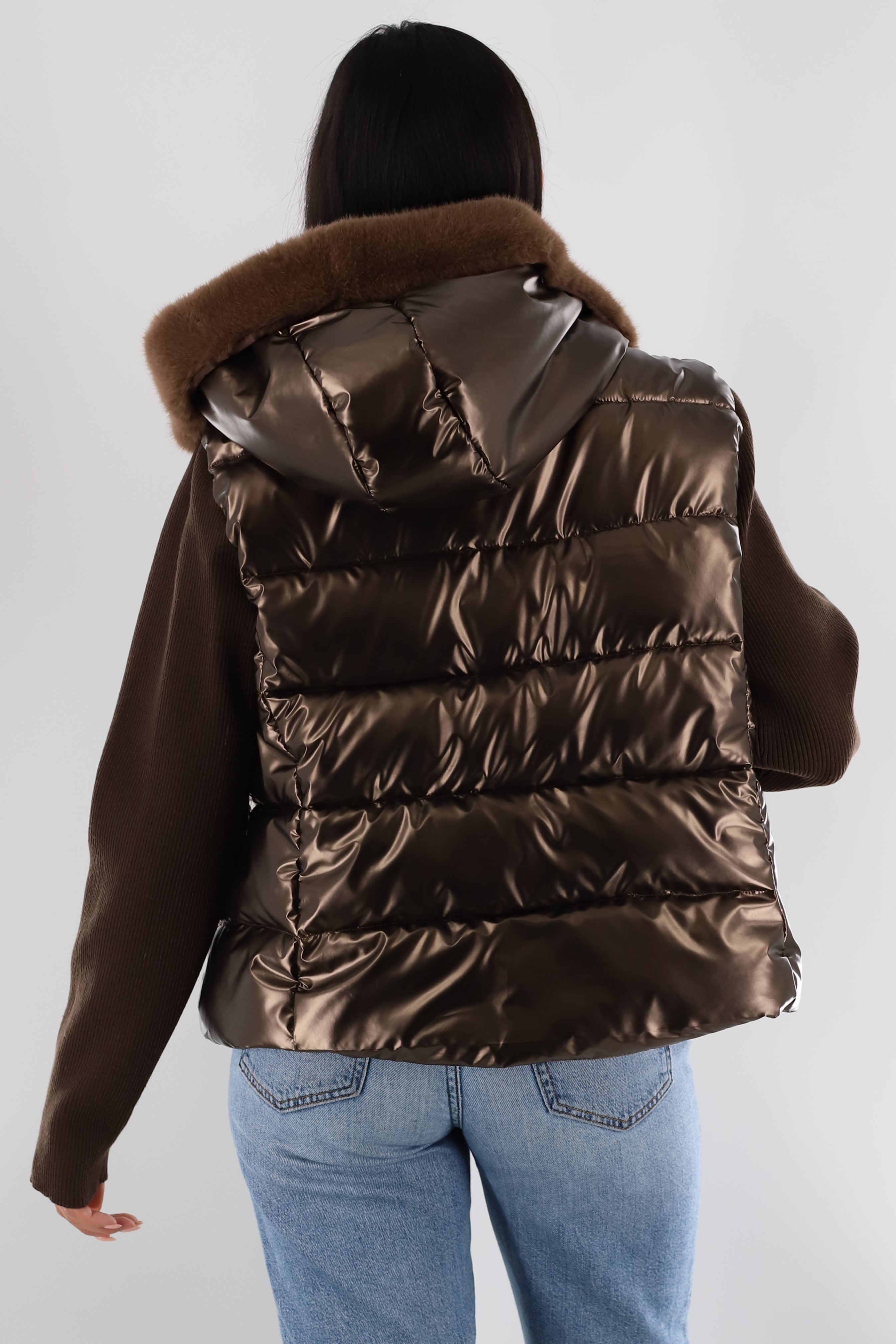 Metallic Puffer Jacket with Knit Sleeves & Faux Fur Detail