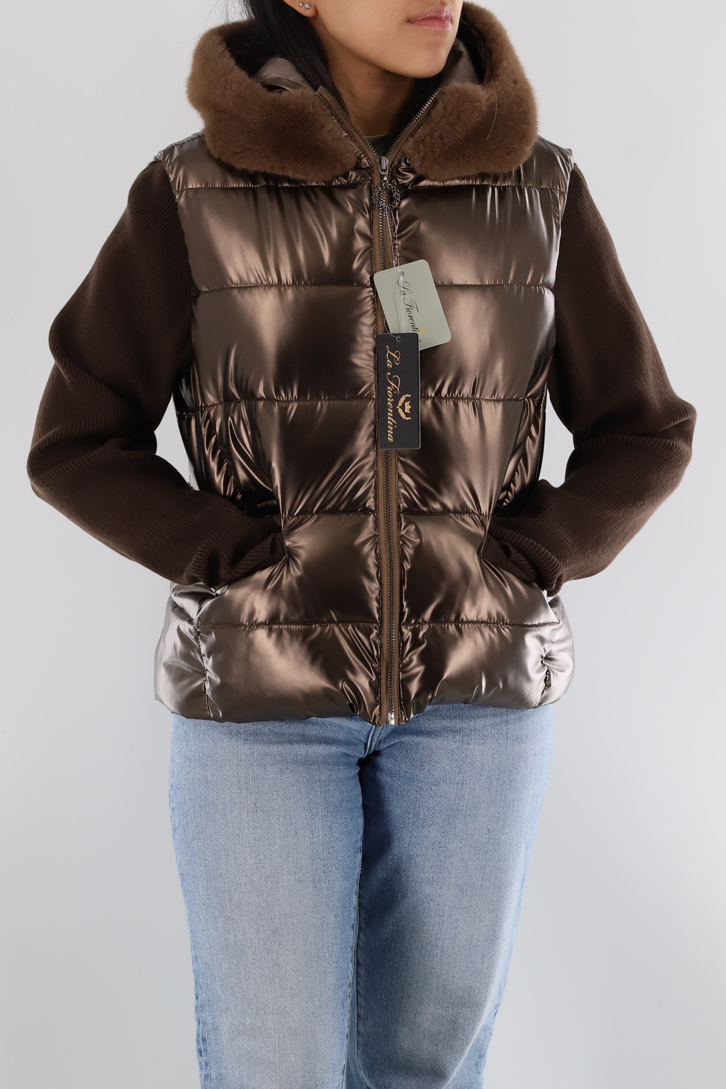 Metallic Puffer Jacket with Knit Sleeves & Faux Fur Detail