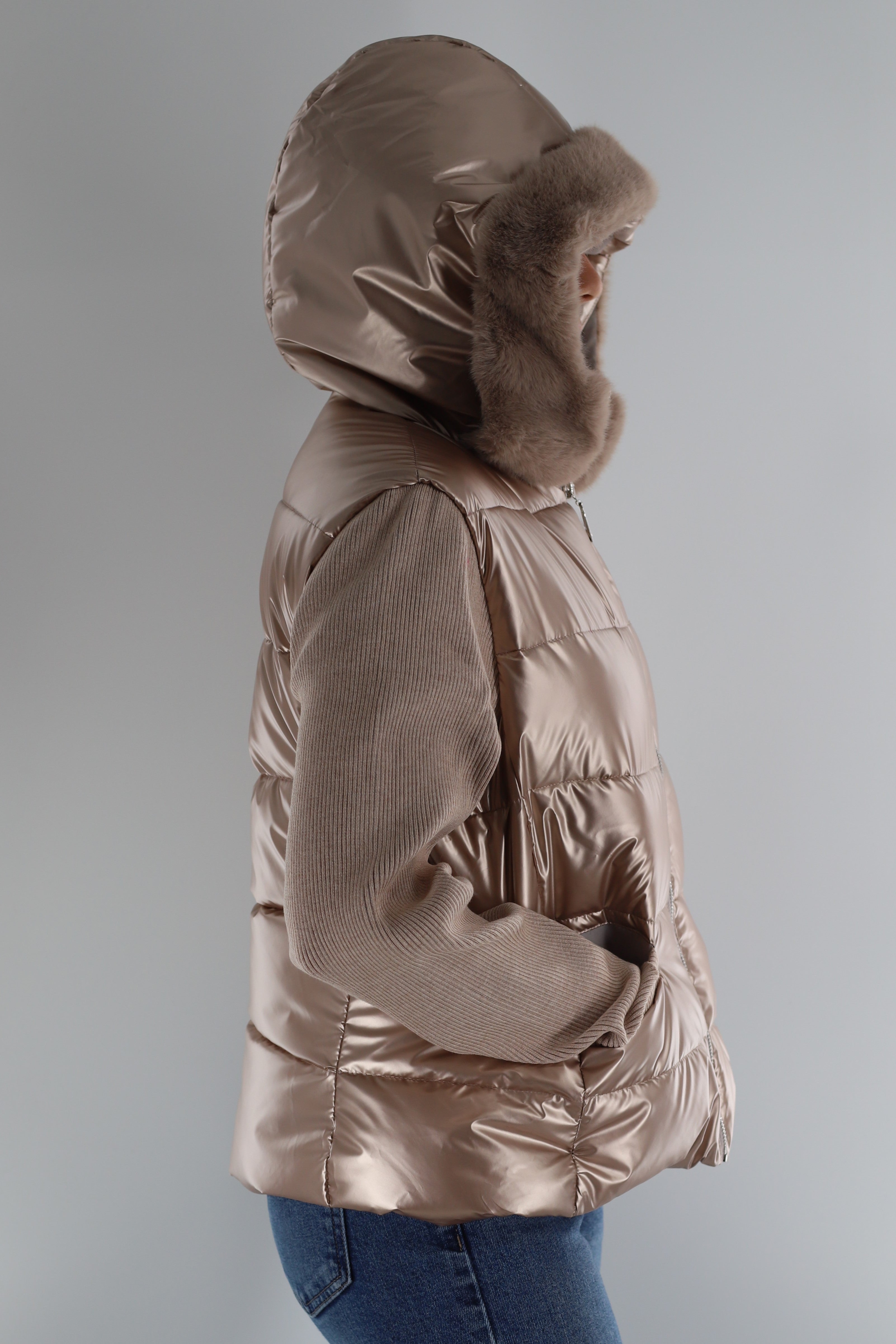 Metallic Puffer Jacket with Knit Sleeves & Faux Fur Detail