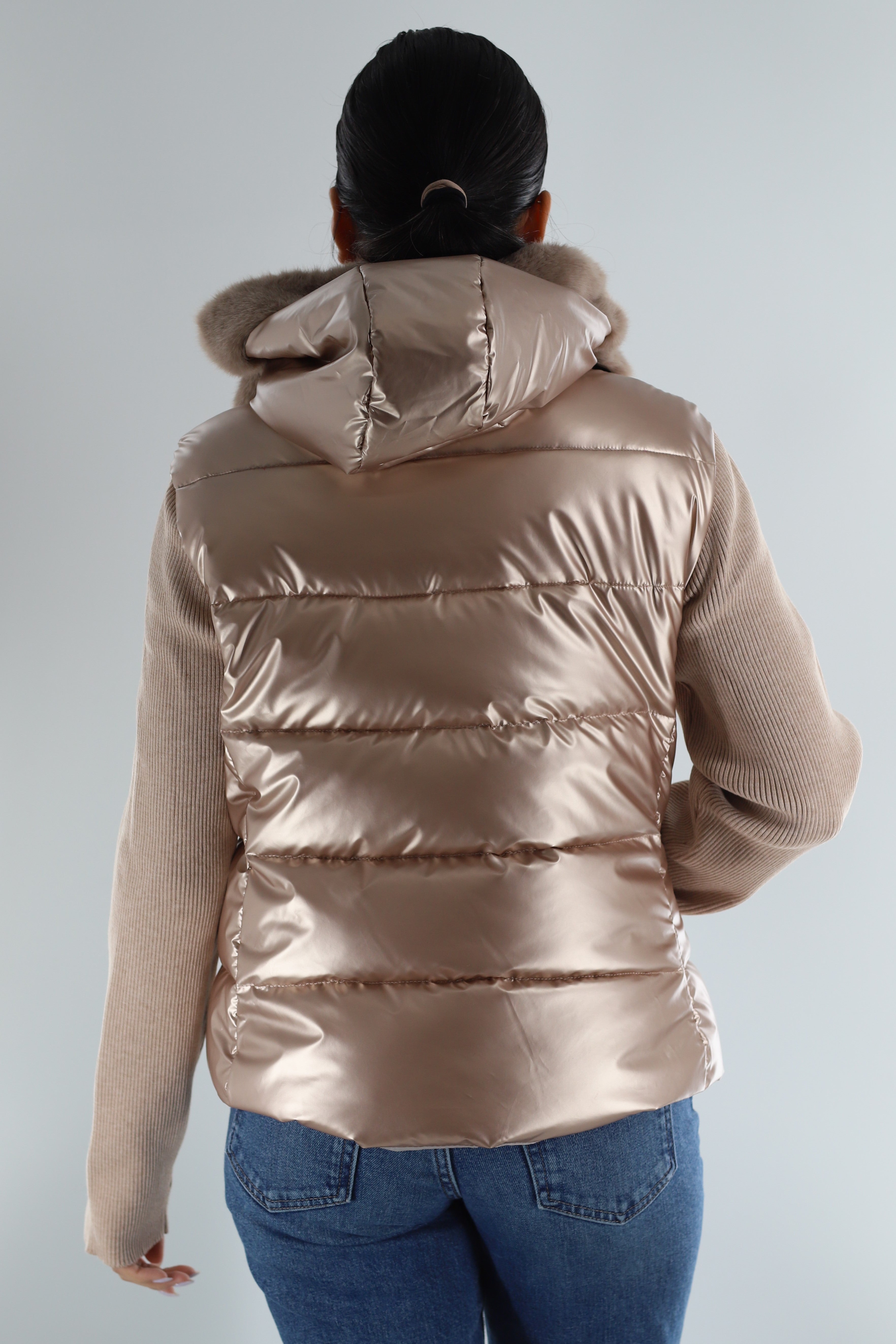 Metallic Puffer Jacket with Knit Sleeves & Faux Fur Detail