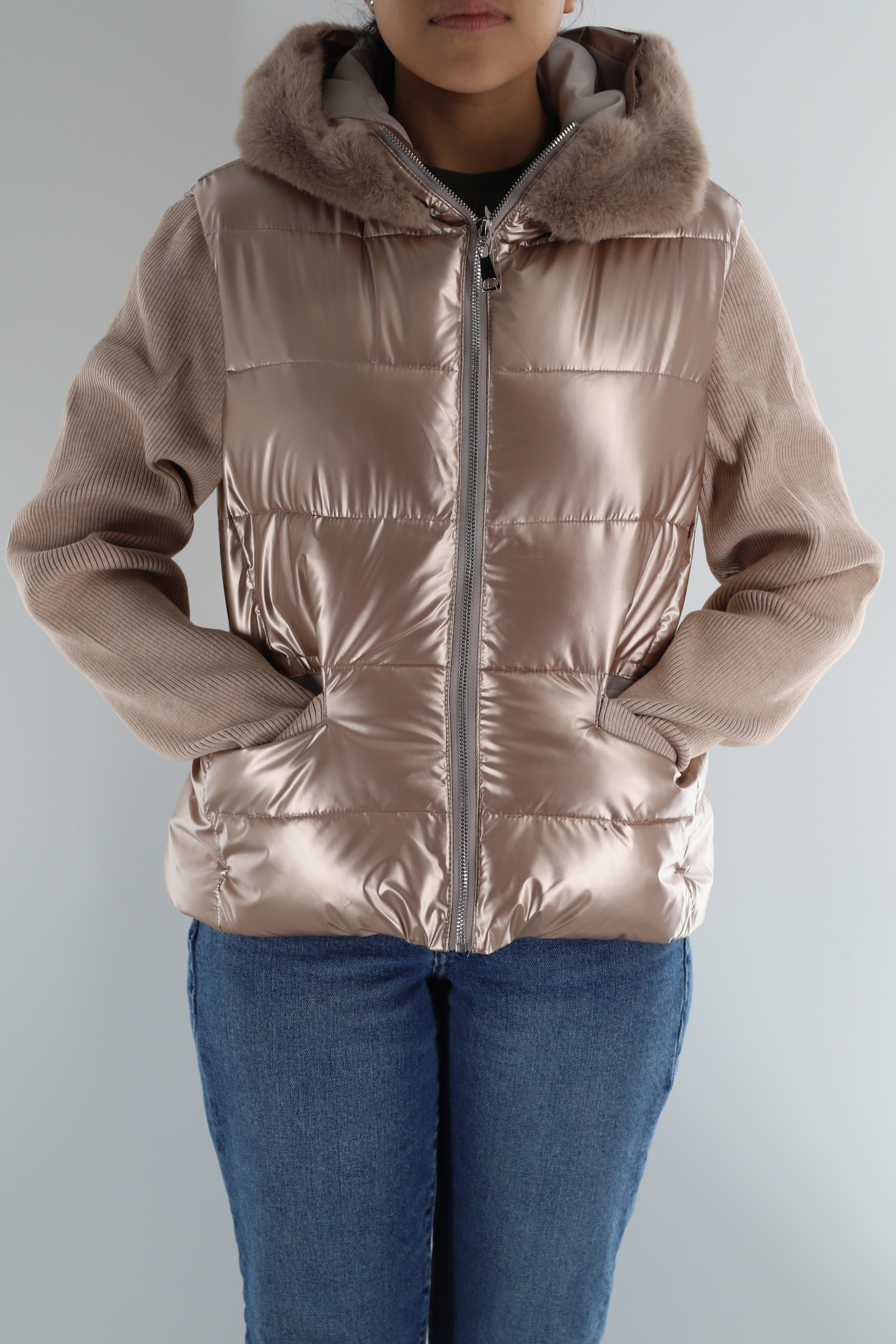 Metallic Puffer Jacket with Knit Sleeves & Faux Fur Detail