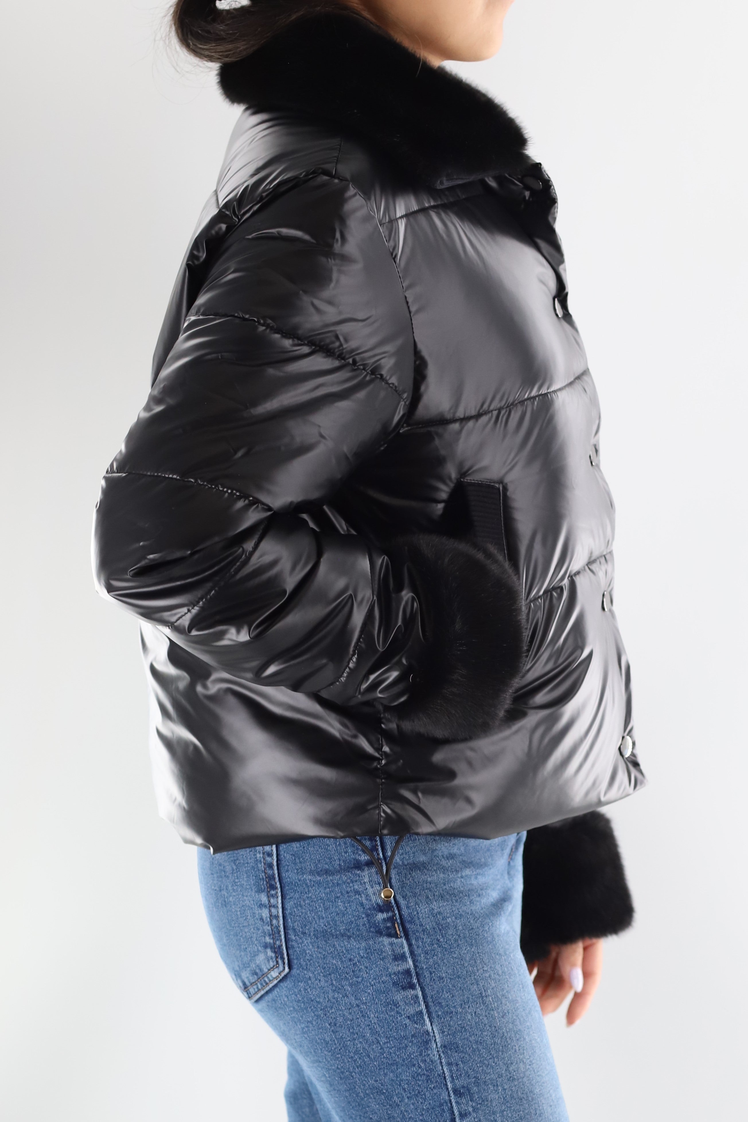 Metallic Puffer Jacket with Faux Fur Collar
