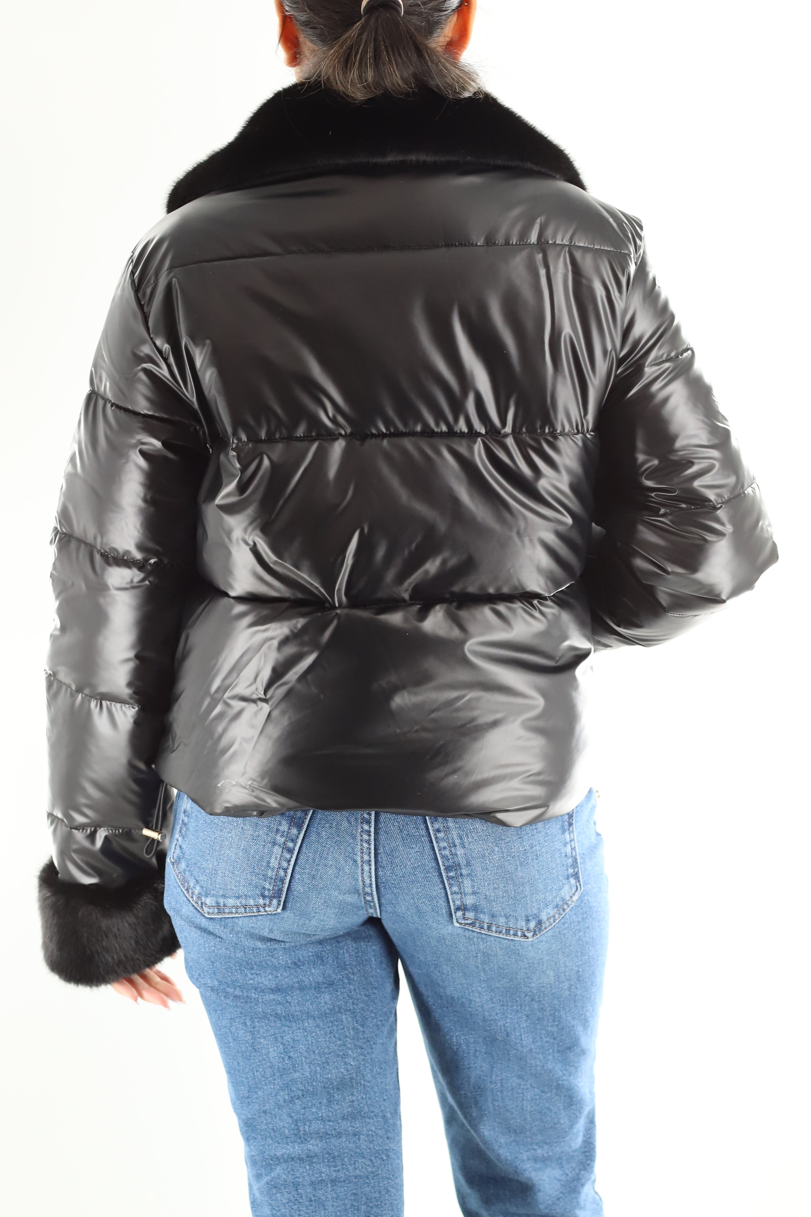 Metallic Puffer Jacket with Faux Fur Collar