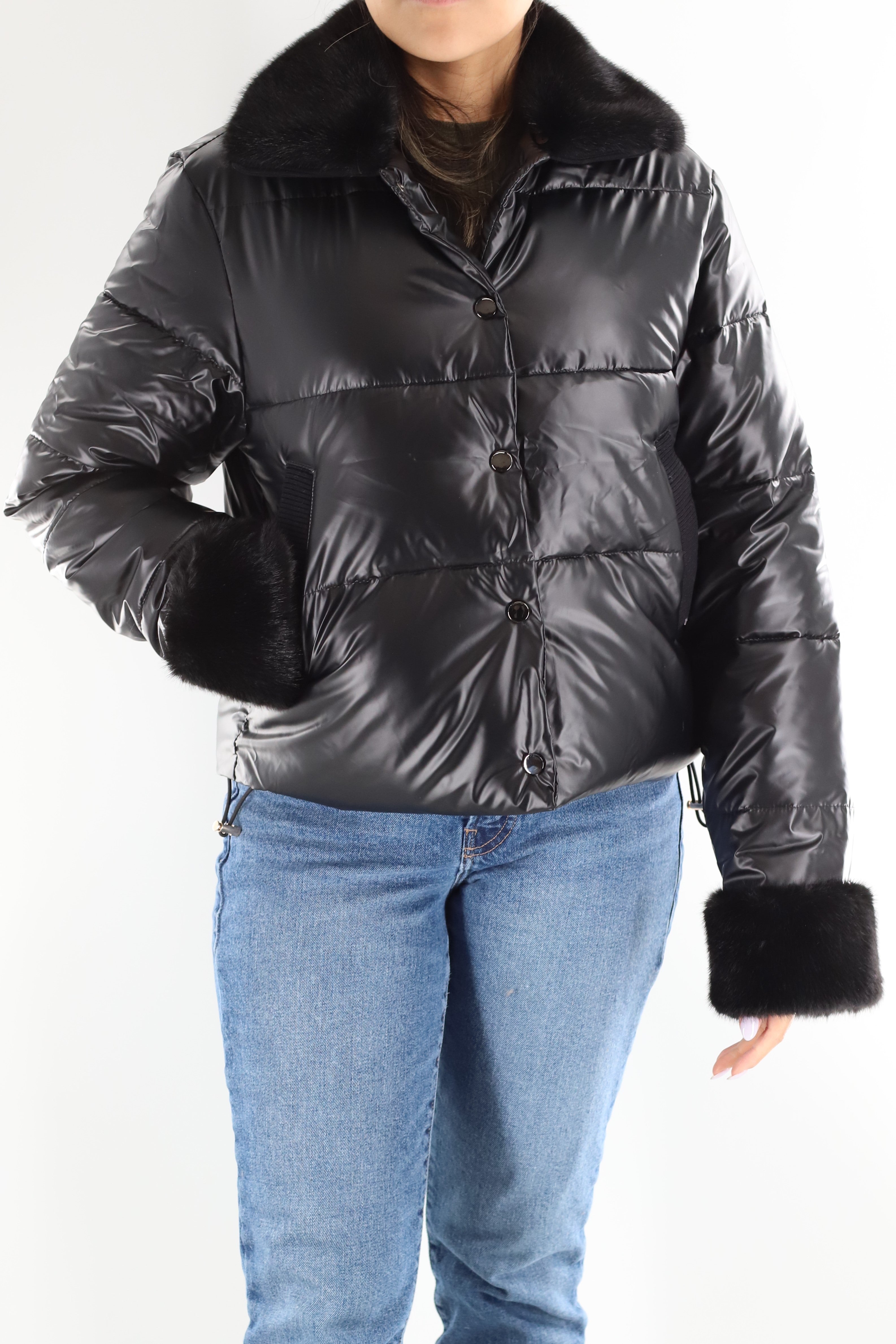 Metallic Puffer Jacket with Faux Fur Collar