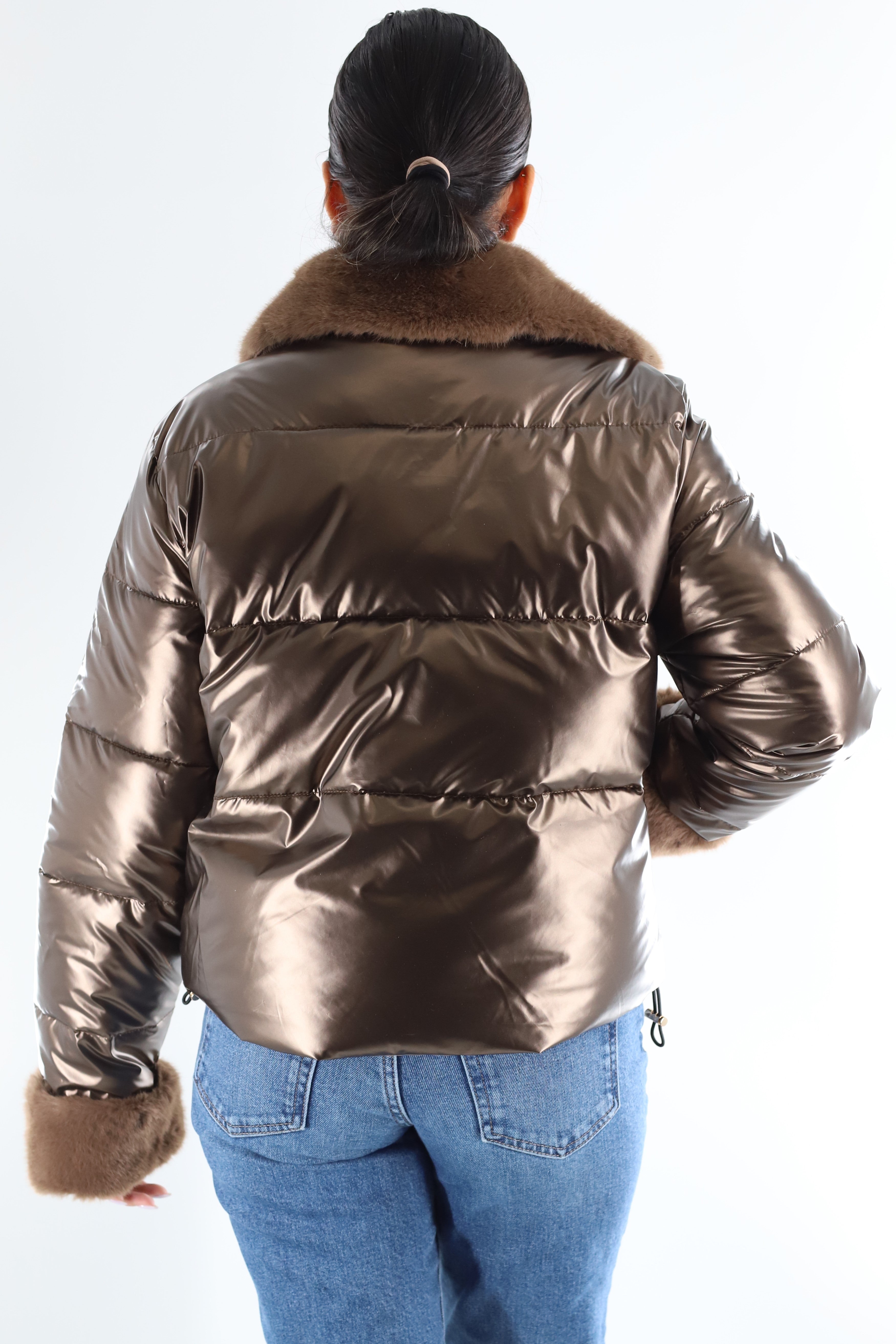 Metallic Puffer Jacket with Faux Fur Collar