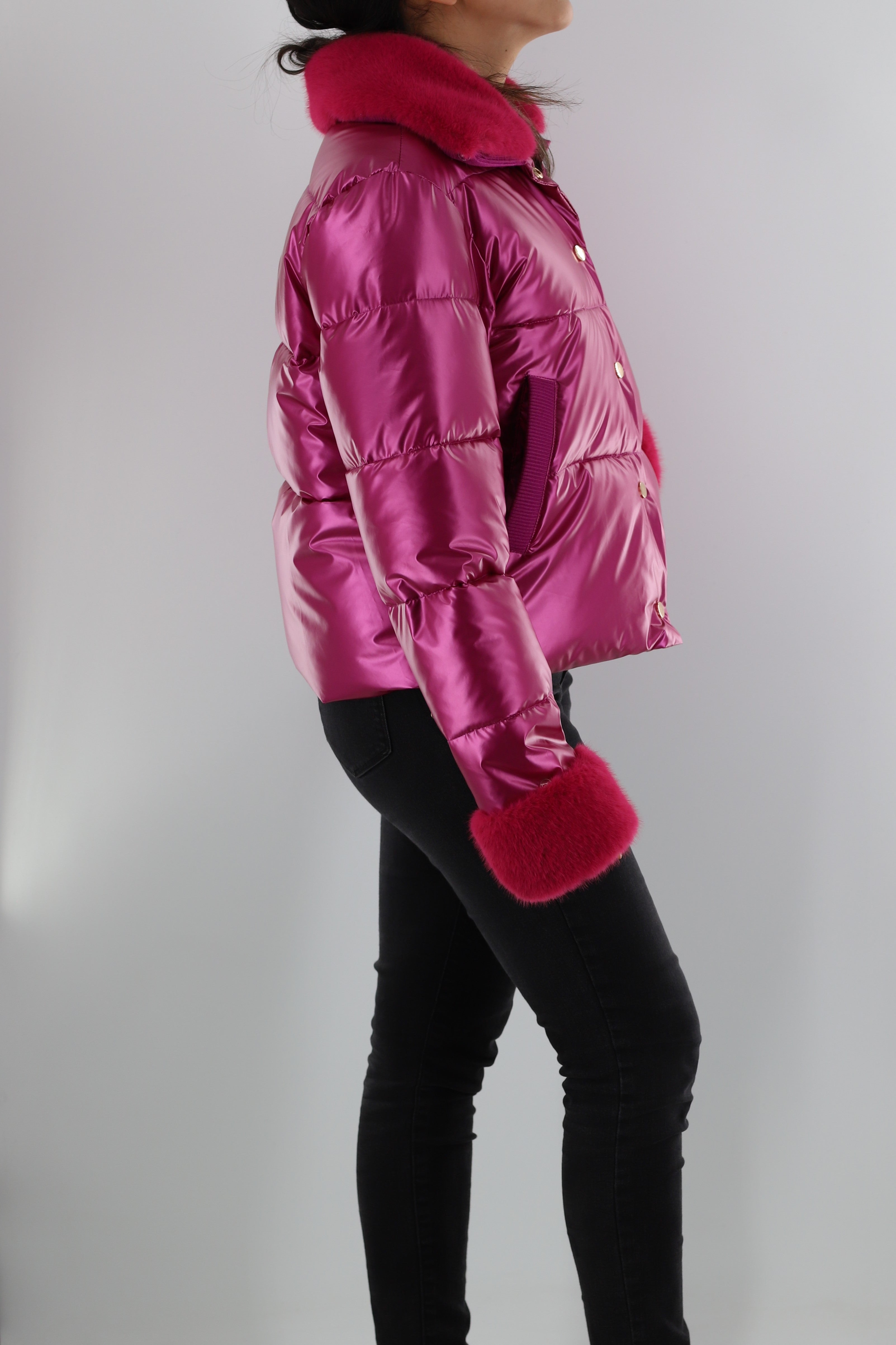 Metallic Puffer Jacket with Faux Fur Collar