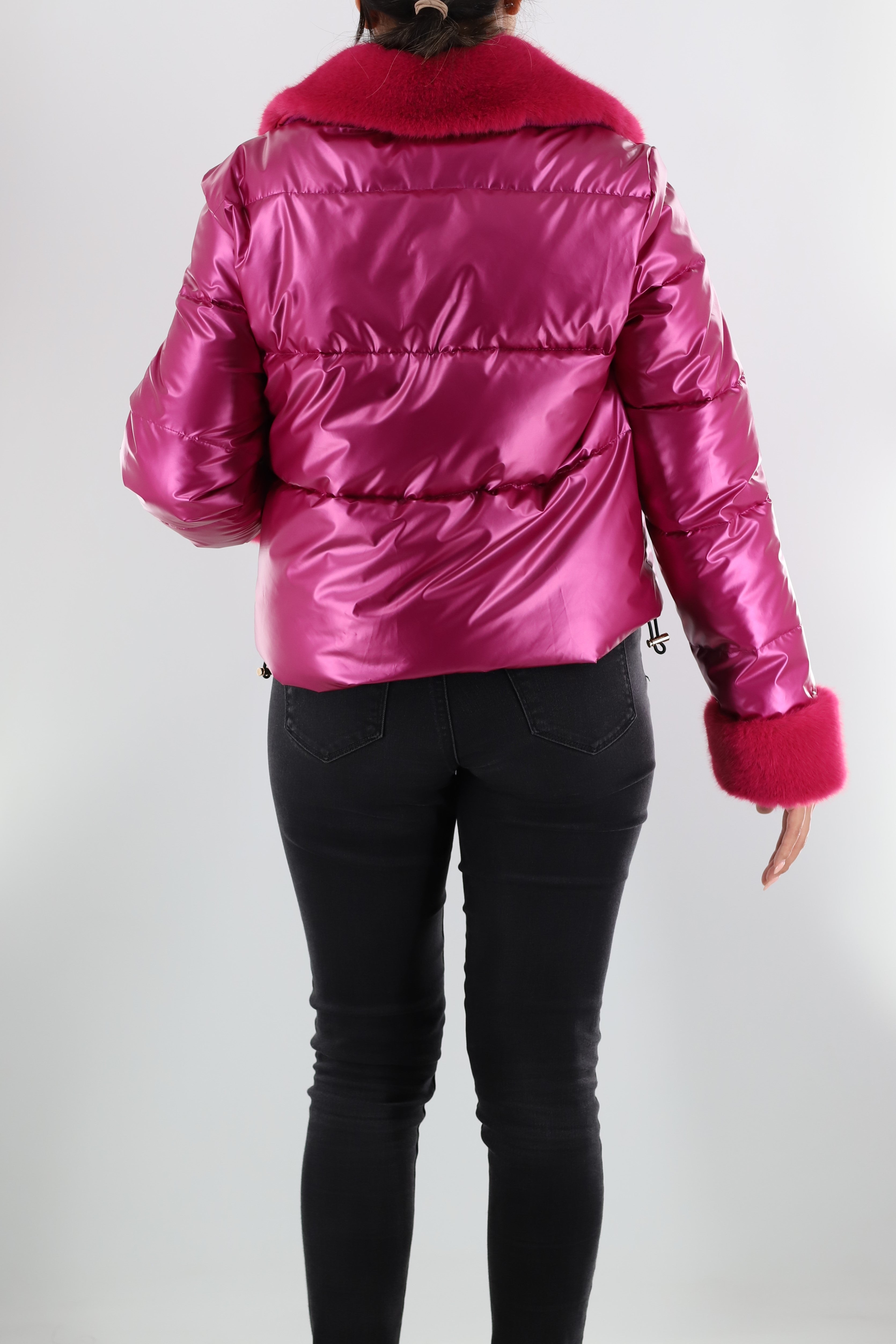 Metallic Puffer Jacket with Faux Fur Collar